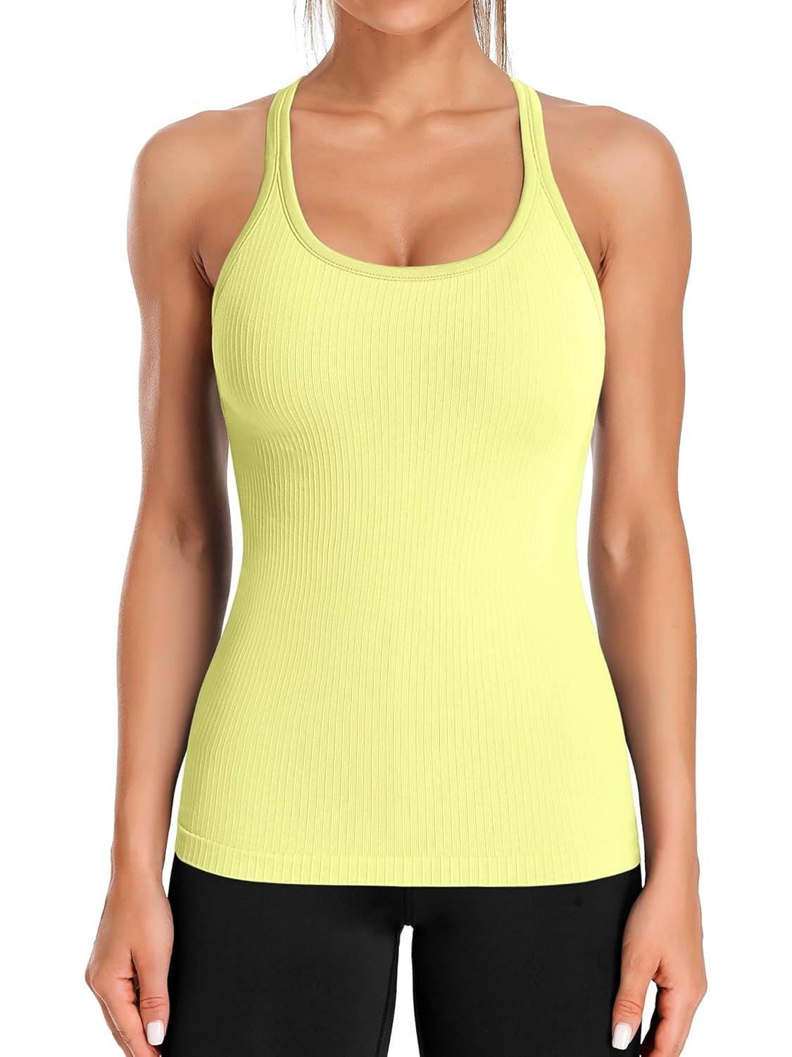 Women's Ribbed Workout Crop Racerback Tank Tops With Built in Bra