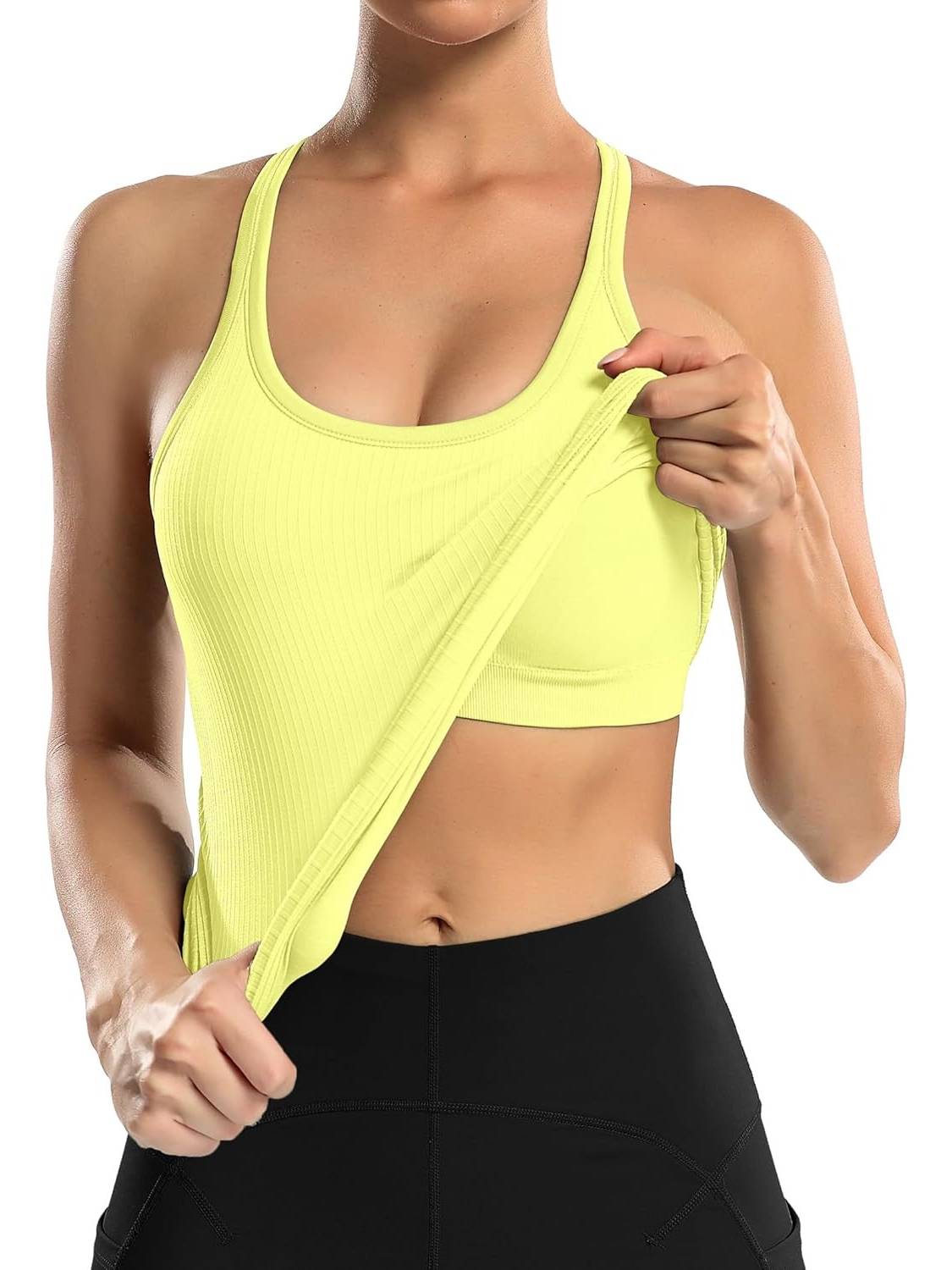 Women's Ribbed Workout Crop Racerback Tank Tops With Built in Bra