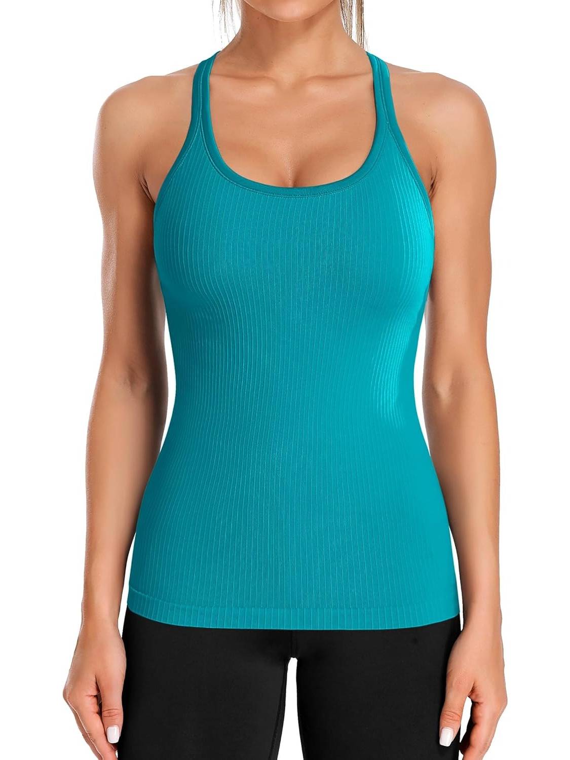Women's Ribbed Workout Crop Racerback Tank Tops With Built in Bra
