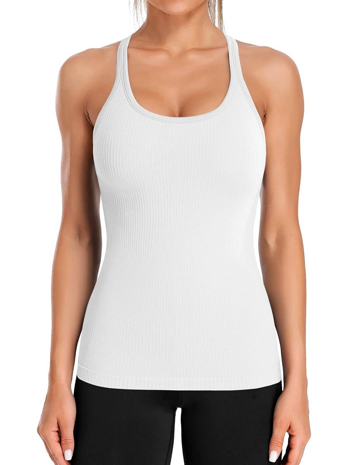Women's Ribbed Workout Crop Racerback Tank Tops With Built in Bra