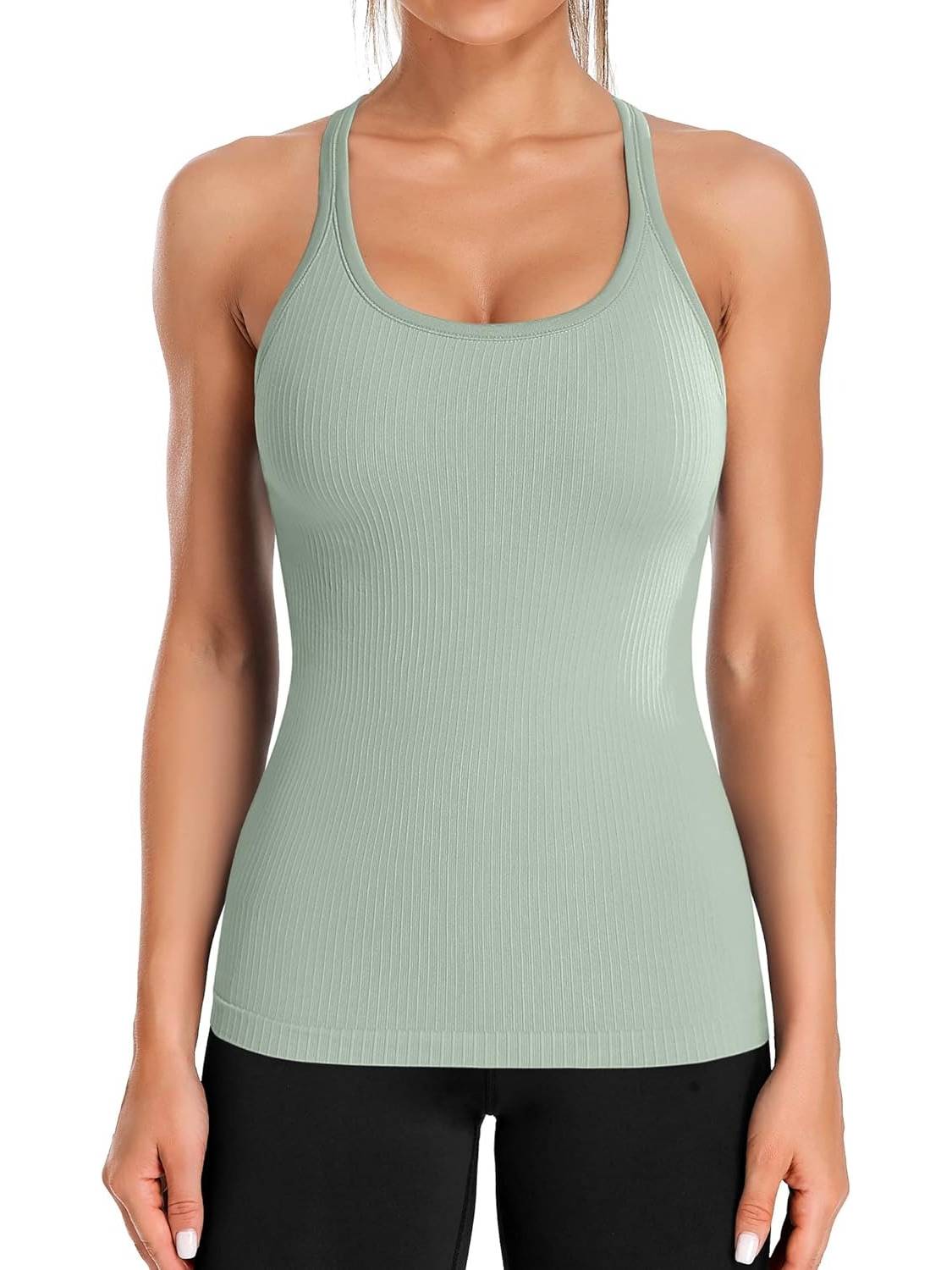 Women's Ribbed Workout Crop Racerback Tank Tops With Built in Bra
