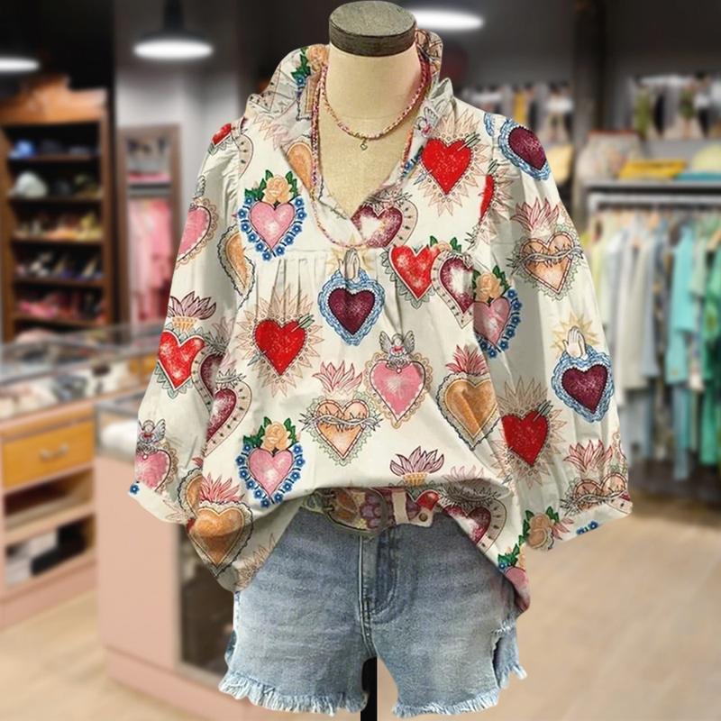 Vintage Heart Print V-Neck Bubble Sleeve 
