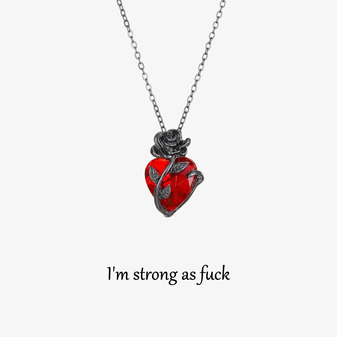 Strong As Fuck Black Rose Heart Necklace