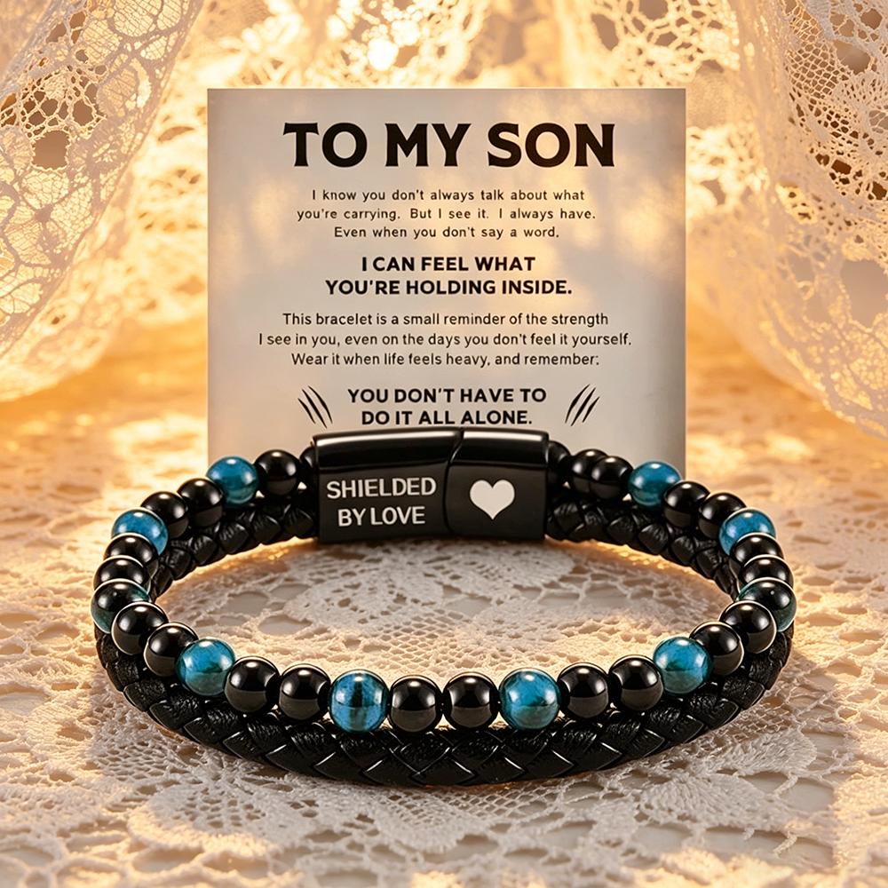 To My Son Tiger Eye Leather Bracelet, Custom Engraved Magnetic Clasp Men's Gift