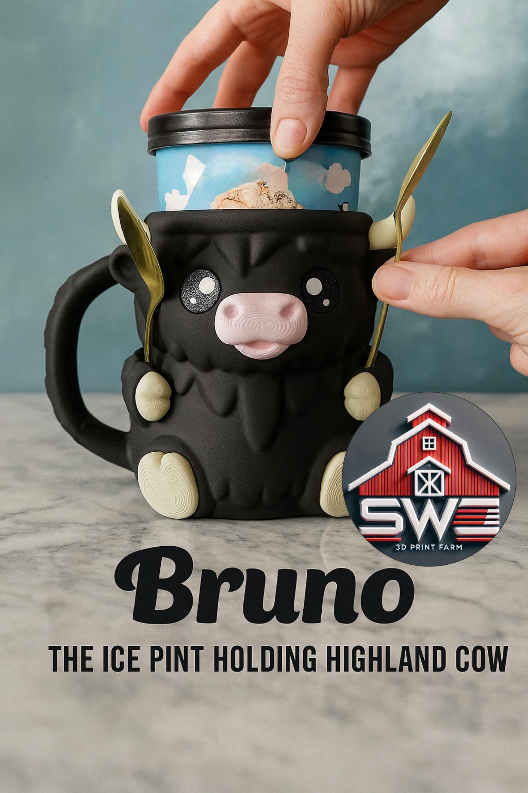 Highland Cow Ice Cream Pint Holder – 3D Printed with Spoon Slots & Snack Drawer