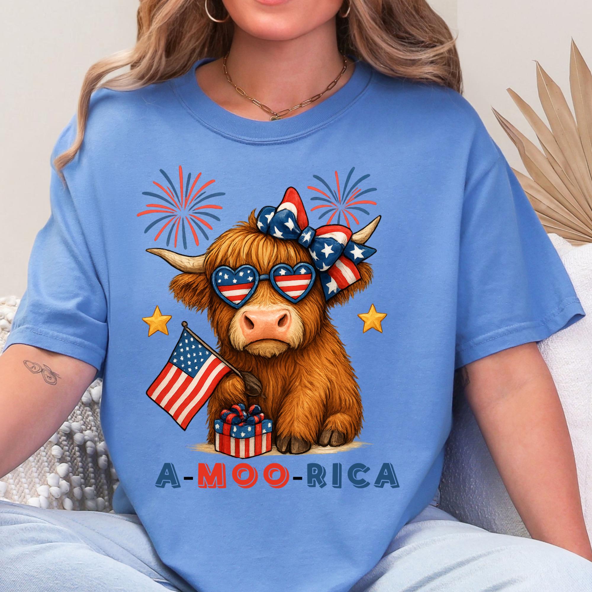 A-Moo-Rica Cow Patriotic T-Shirt | 4th of July Flag Fireworks