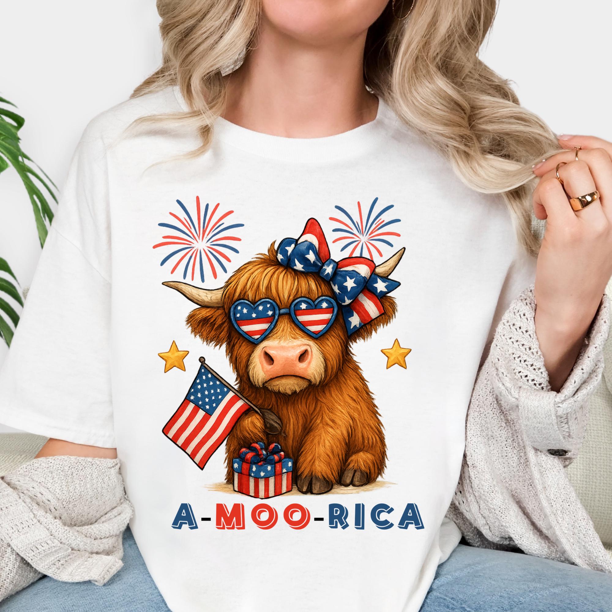 A-Moo-Rica Cow Patriotic T-Shirt | 4th of July Flag Fireworks