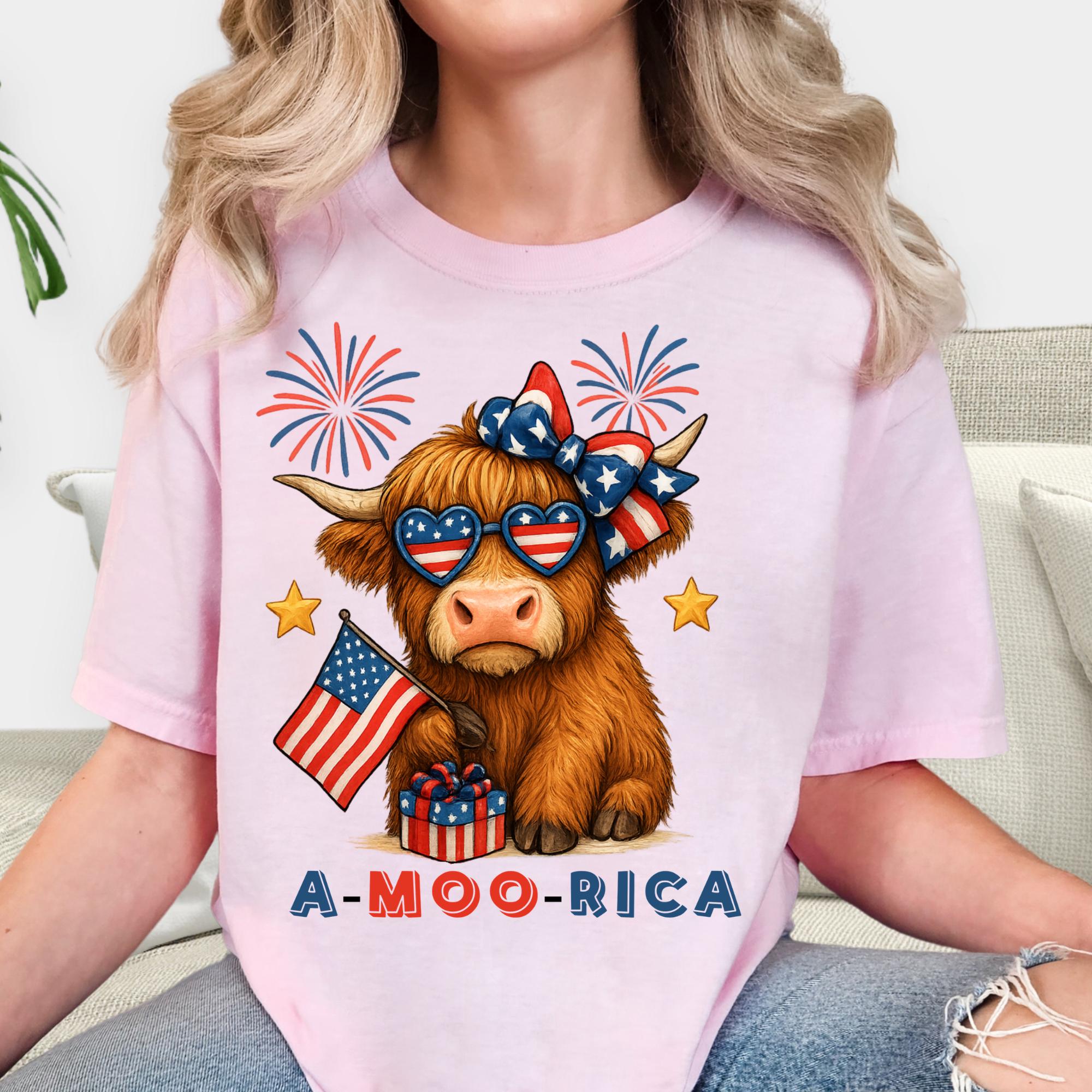 A-Moo-Rica Cow Patriotic T-Shirt | 4th of July Flag Fireworks