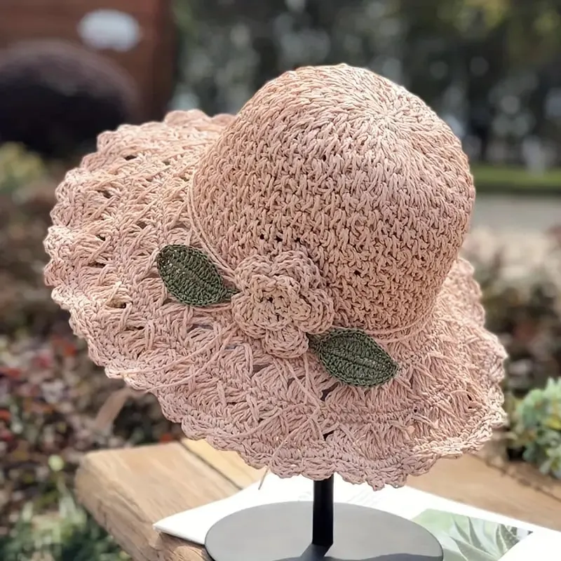 💖Elegant Crochet Straw Hat with Ruffle Detail
