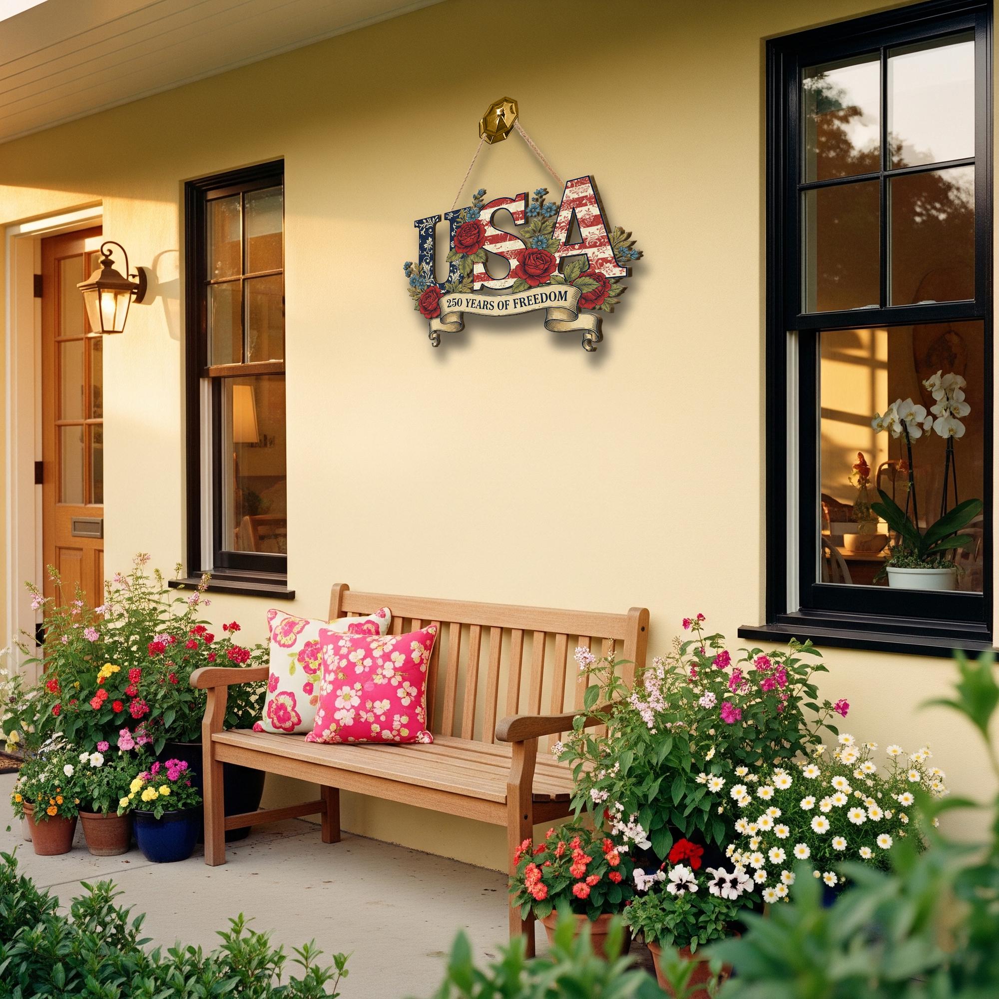 USA 250th Anniversary Wooden Sign, Patriotic Door Hanging Decor, American Flag Floral Wall Sign