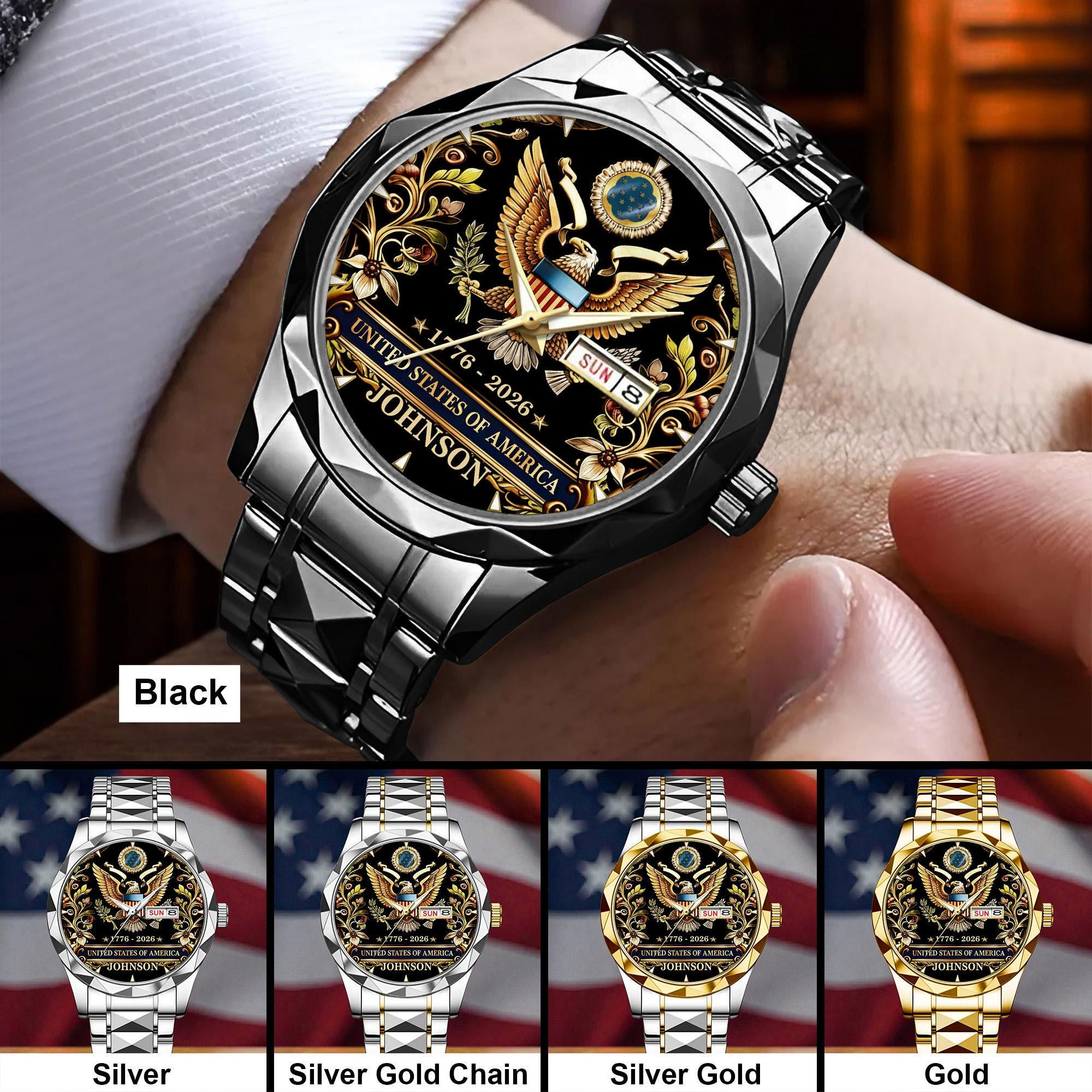 Custom Floral American Eagle Watch, USA 250th Anniversary 1776–2026 Wrist Watch