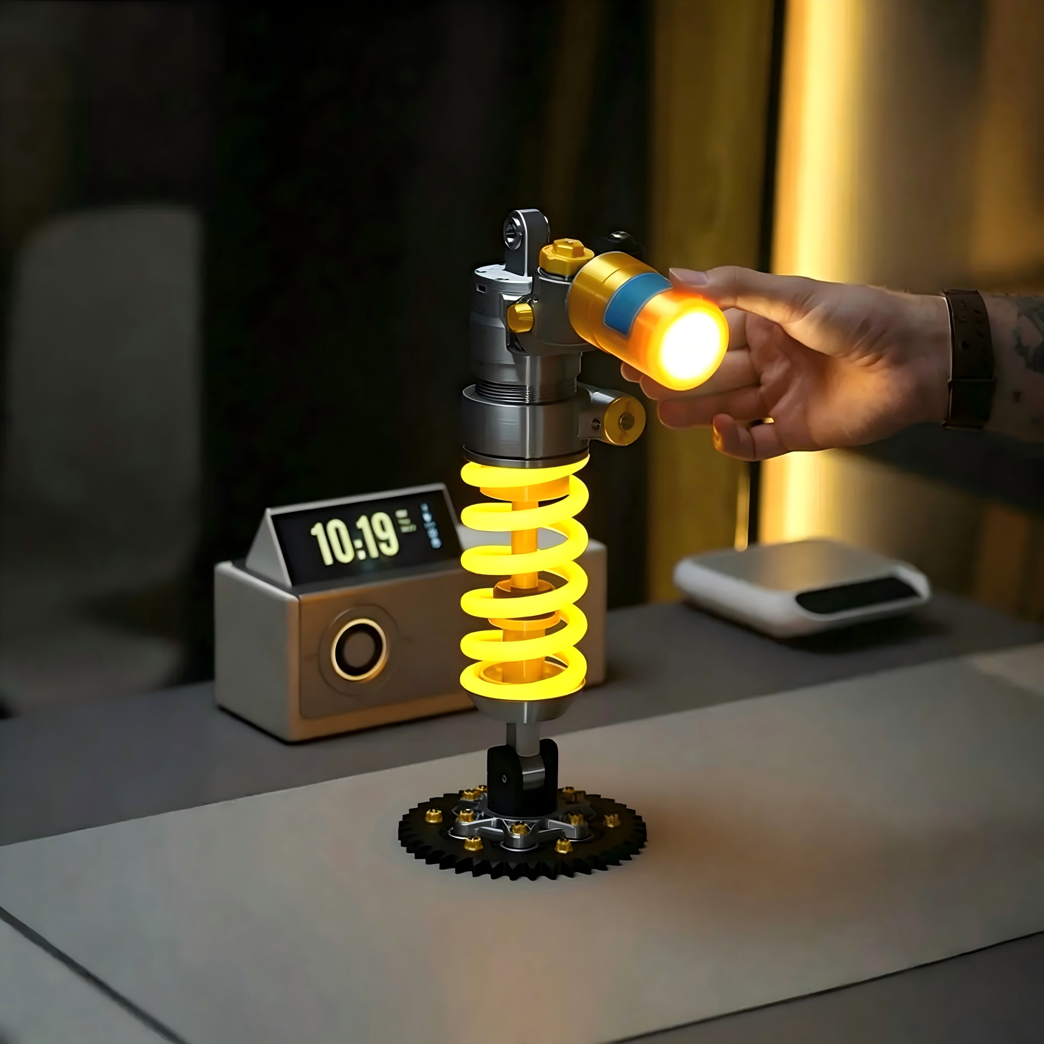 Automotive Shock Absorber Industrial Ambient Desk Lamp | Gear Base Mechanic Themed LED Night Light