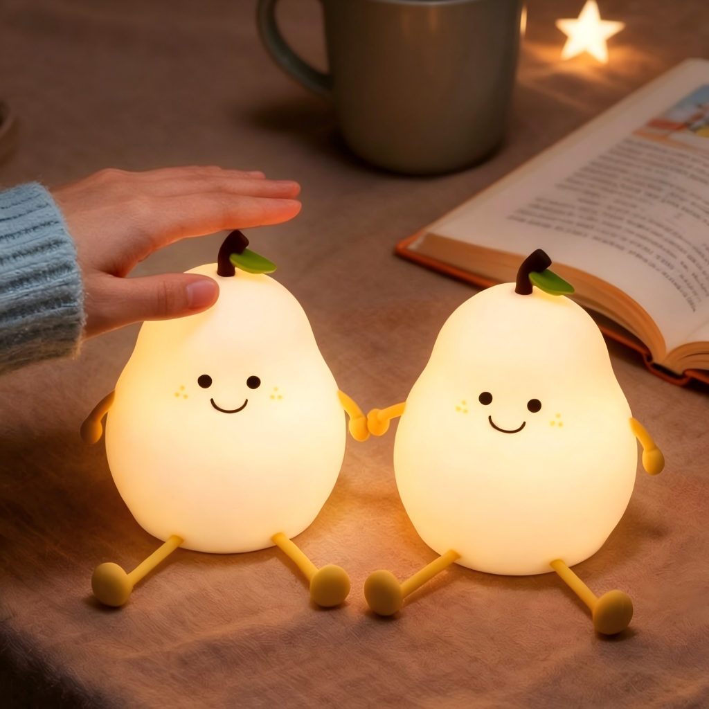 Cute Pear Night Light, Kawaii Silicone Bedside Lamp with Face, 3 Level Touch Dimming, Aesthetic Room Decor,Kids Birthday Gift, LED Pear Lamp