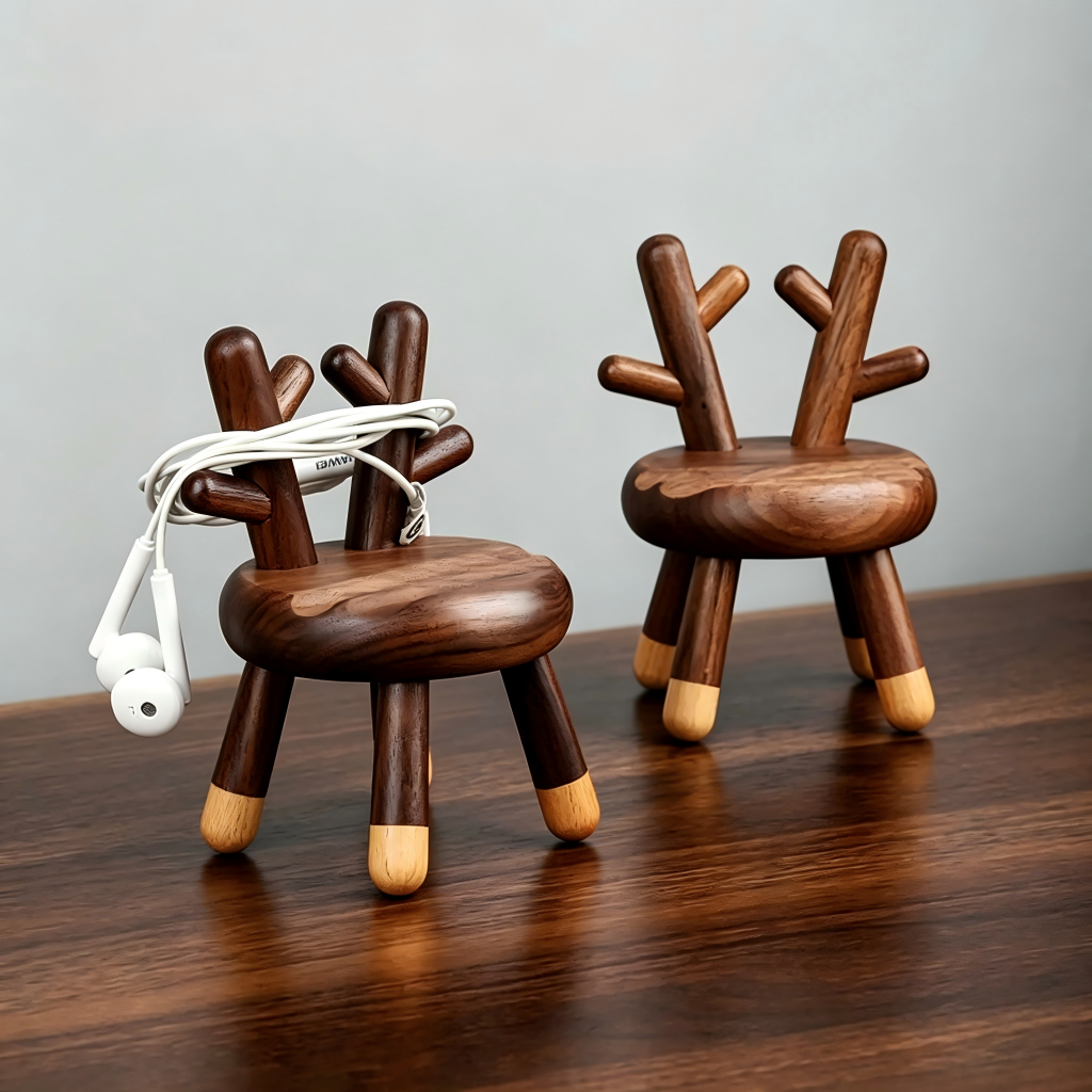 Walnut Wood Deer Phone Stand, Handcrafted Office Decor, Unique Tech Gift