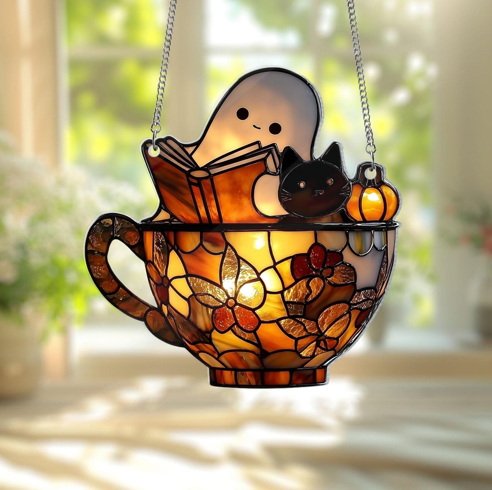 Ghost Reading Book Suncatcher Hanging Decor