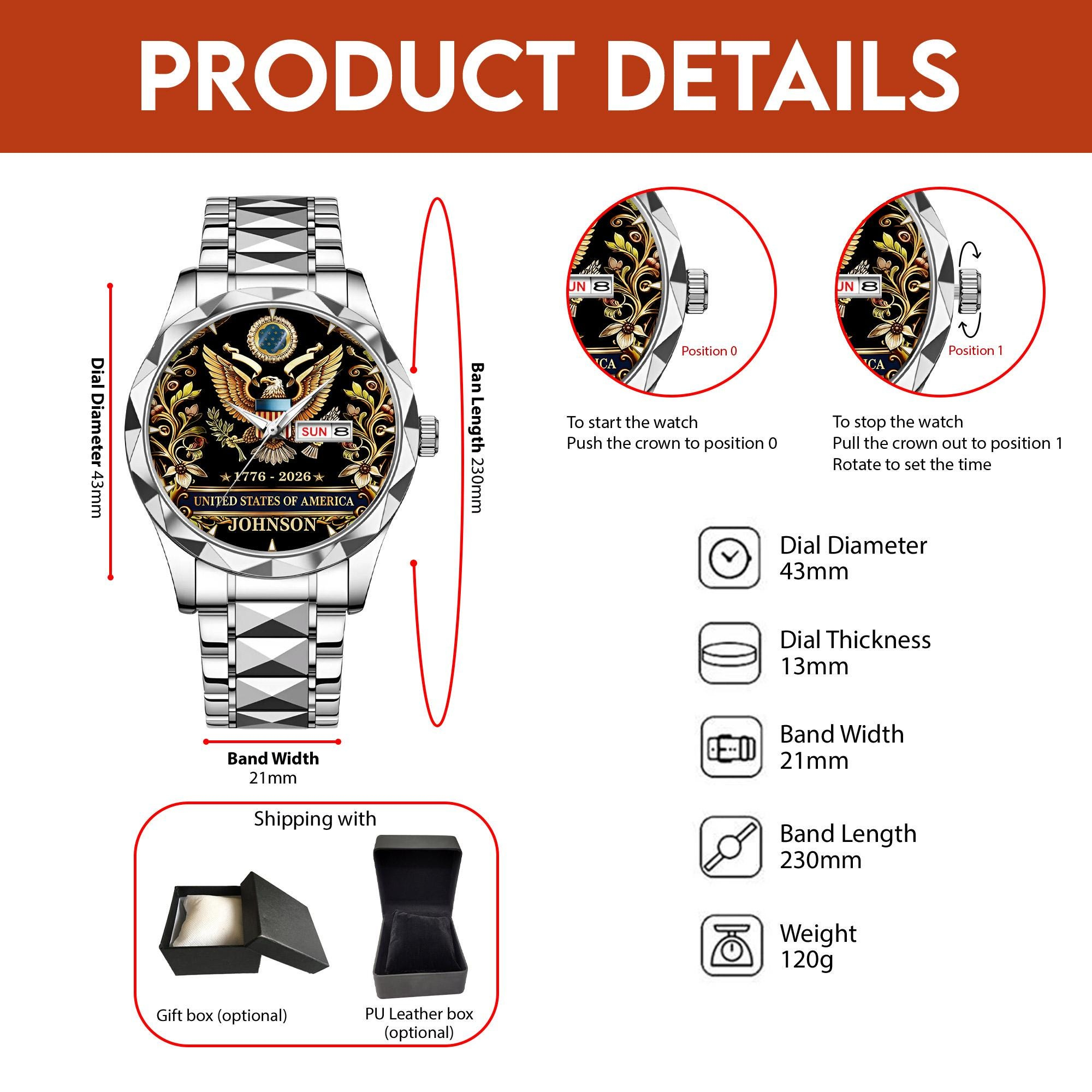 Custom Floral American Eagle Watch, USA 250th Anniversary 1776–2026 Wrist Watch