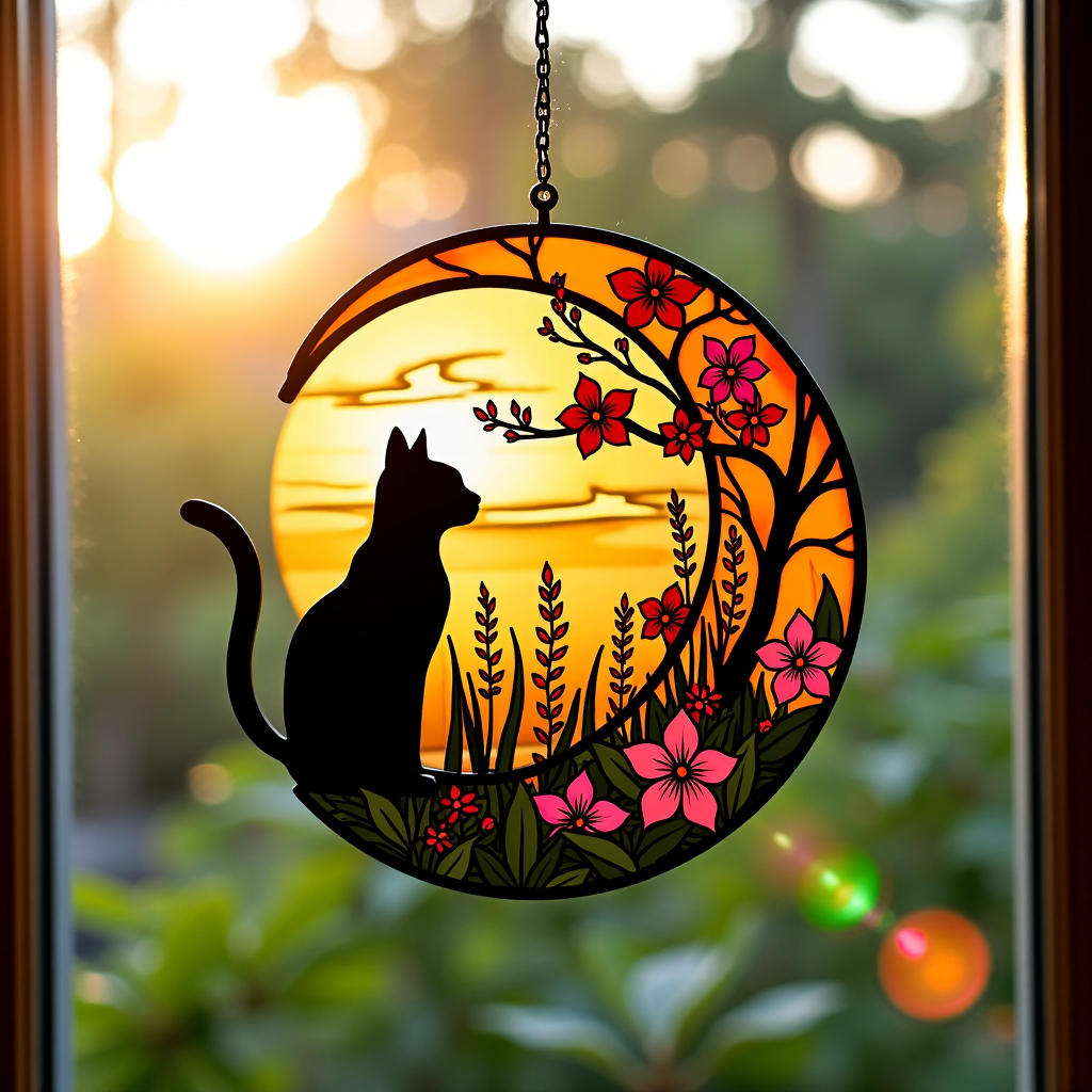 🌙🐈‍⬛ Black Cat & Floral Stained Glass-Style Window Hanging