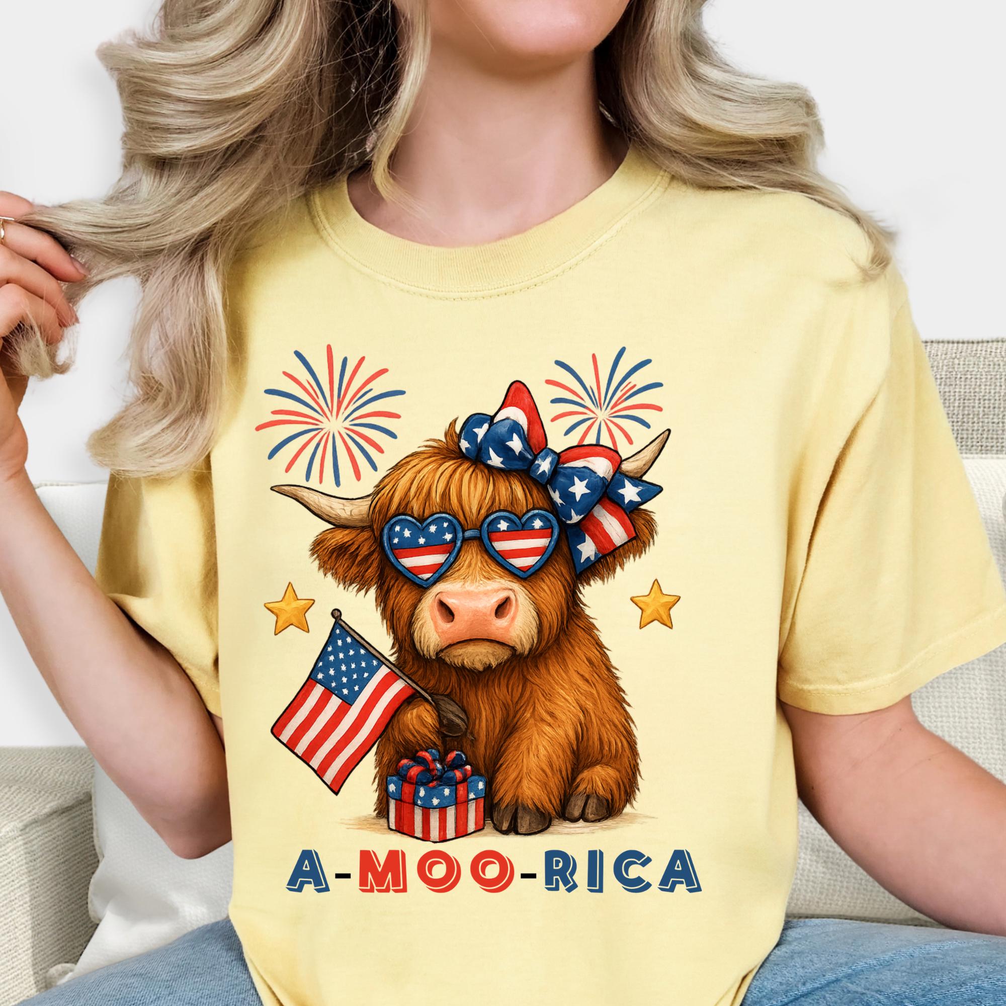 A-Moo-Rica Cow Patriotic T-Shirt | 4th of July Flag Fireworks