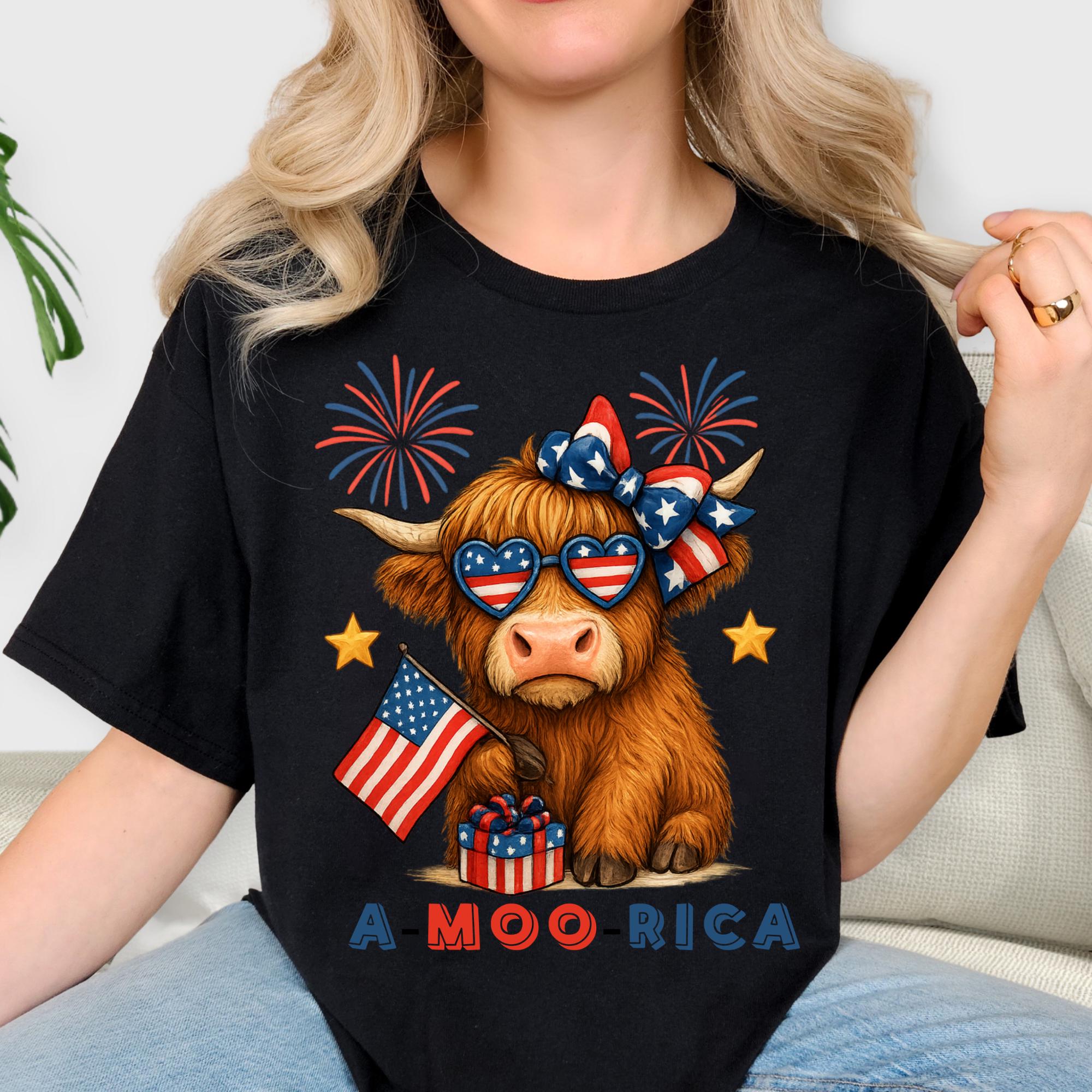 A-Moo-Rica Cow Patriotic T-Shirt | 4th of July Flag Fireworks