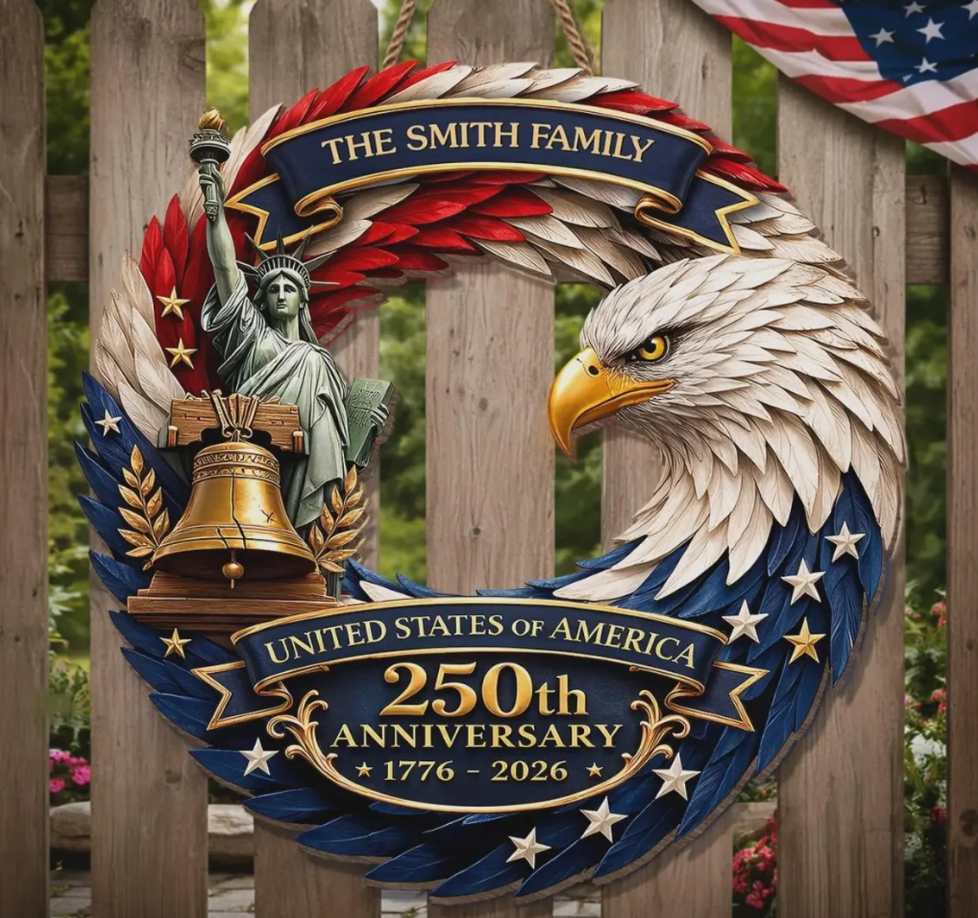 Personalized America 250th Anniversary Eagle Door Sign: 1776-2026 Custom Family Name Wood Wreath
