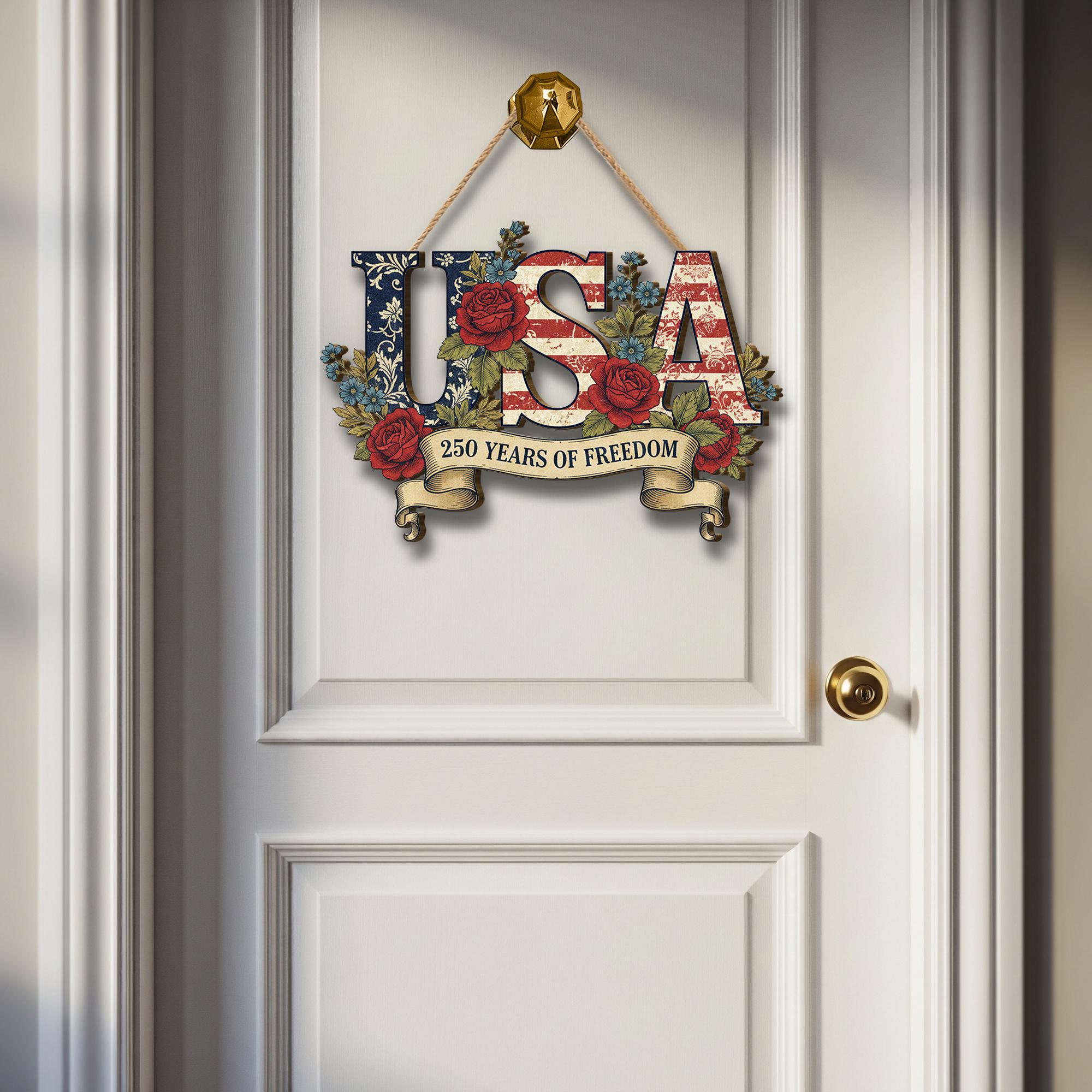 USA 250th Anniversary Wooden Sign, Patriotic Door Hanging Decor, American Flag Floral Wall Sign