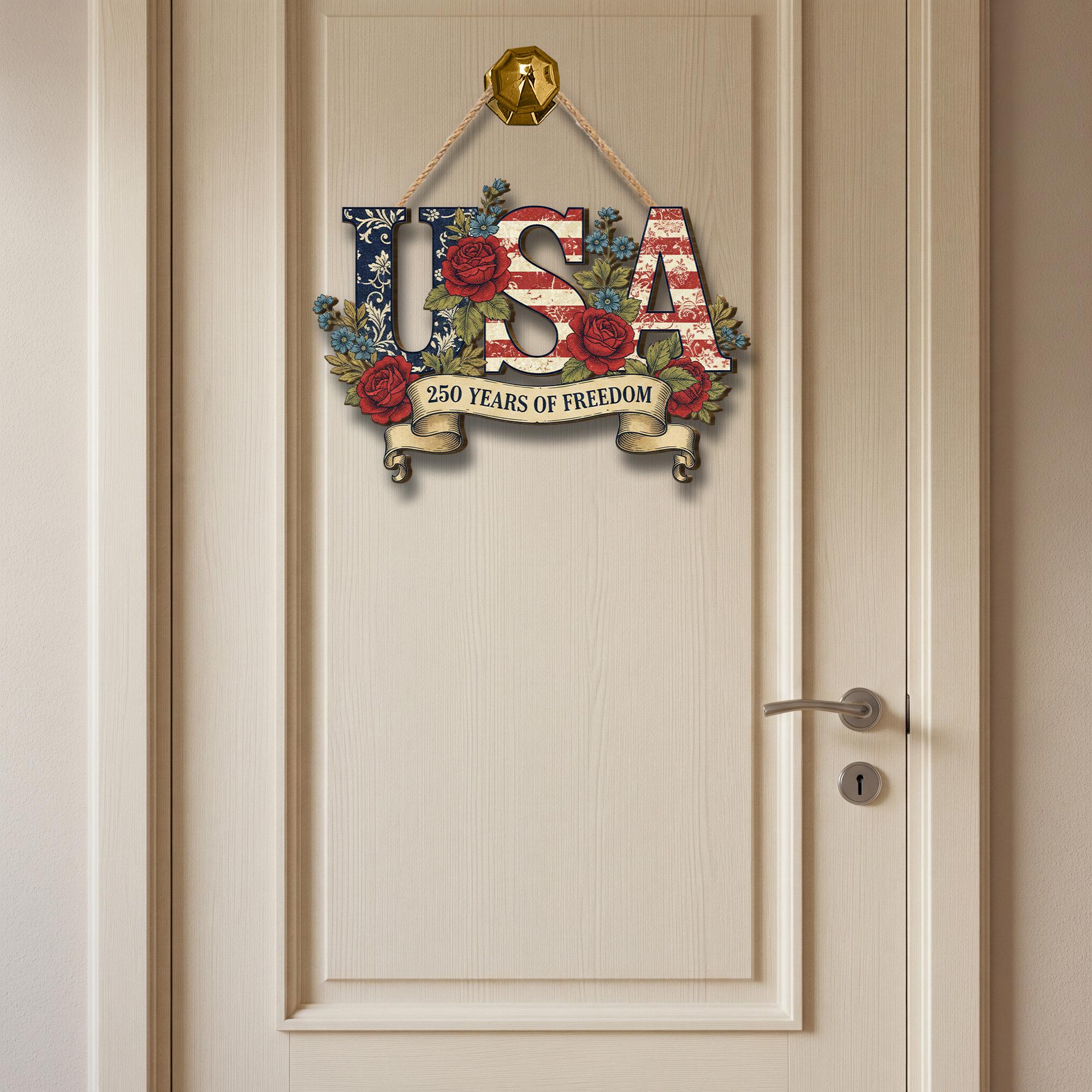 USA 250th Anniversary Wooden Sign, Patriotic Door Hanging Decor, American Flag Floral Wall Sign