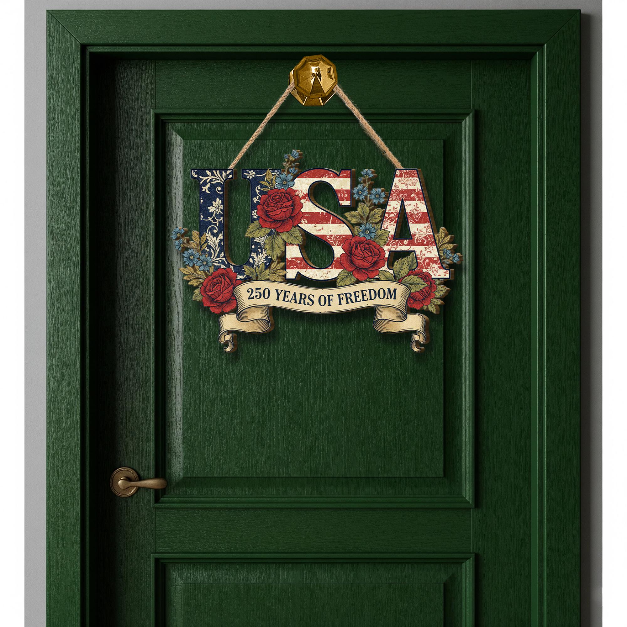 USA 250th Anniversary Wooden Sign, Patriotic Door Hanging Decor, American Flag Floral Wall Sign