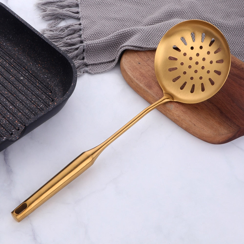 Stainless Steel Long Handle Kitchen Set Gold Cooking Utensils Set