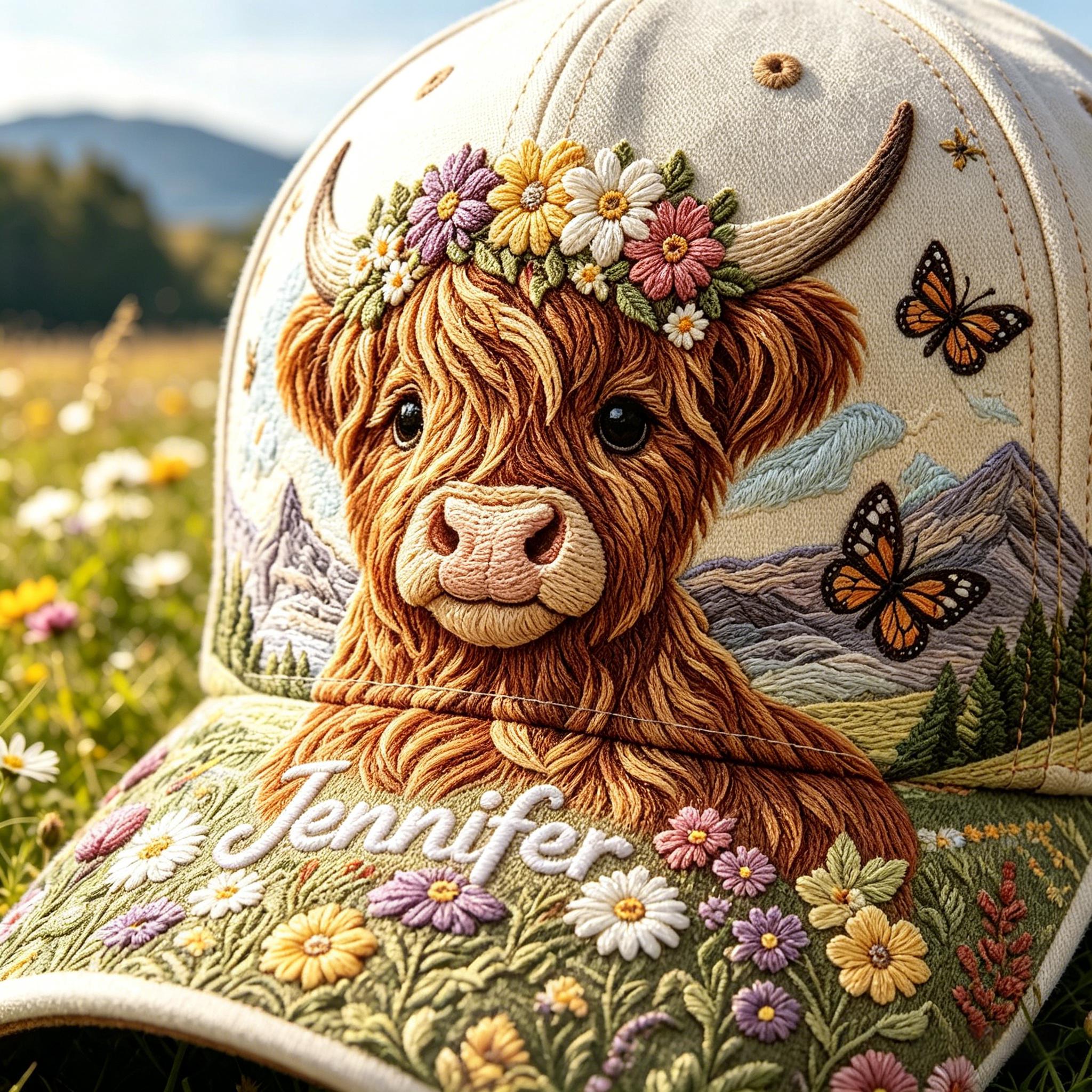 💐🦋Personalzied Floral Highland Cow Cap