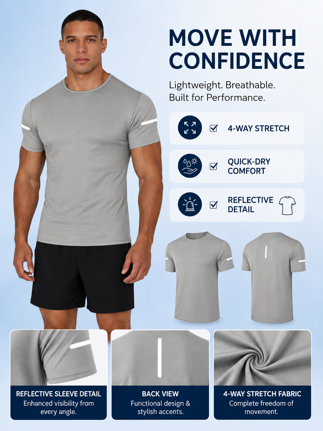 Men Reflective Stripe Crew Neck Workout Running Short Sleeve T Shirt