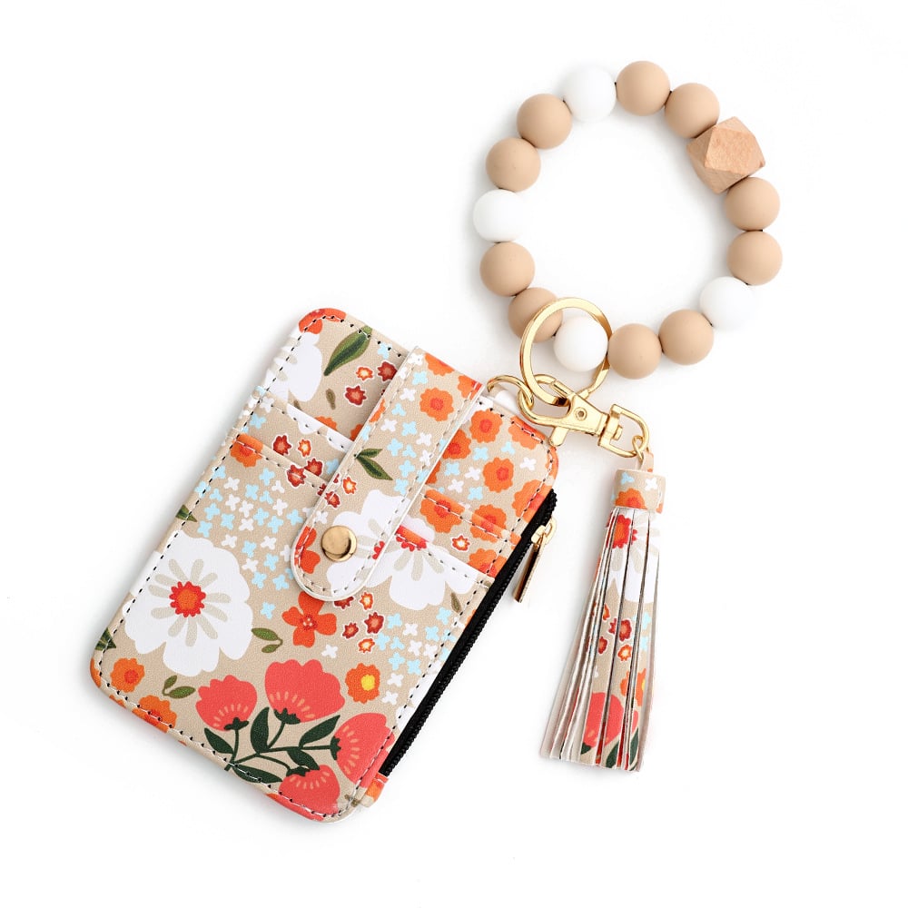 Women's Boho Style Beaded & Tassel Decorated Keychain with Flower Pattern Wallet