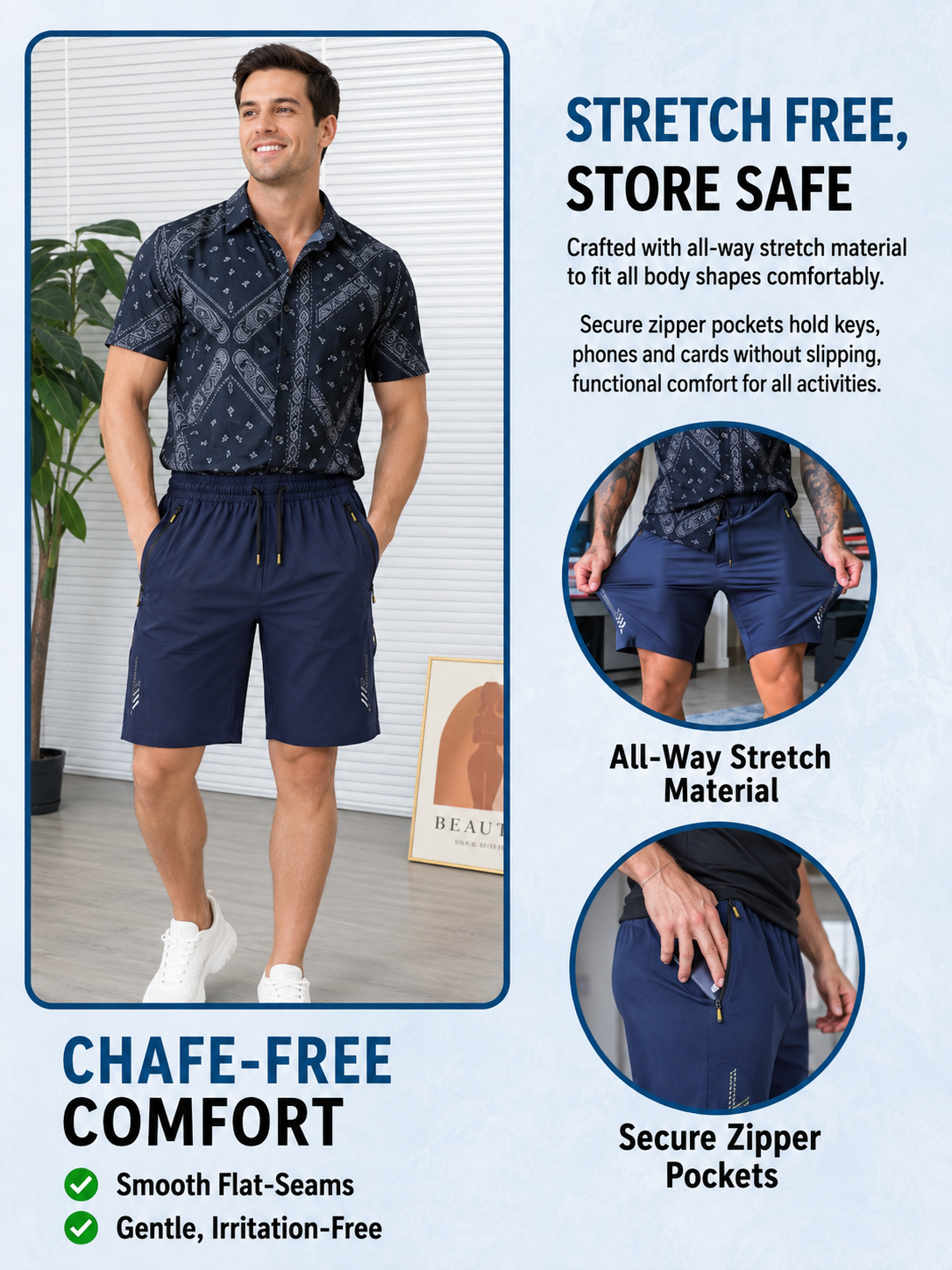 Men's Drawstring Shorts with Zipper Pockets