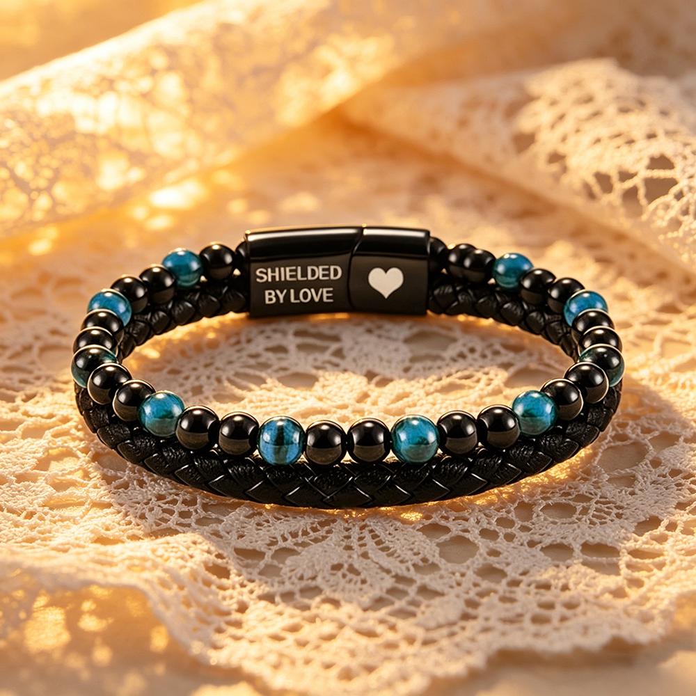 To My Son Tiger Eye Leather Bracelet, Custom Engraved Magnetic Clasp Men's Gift