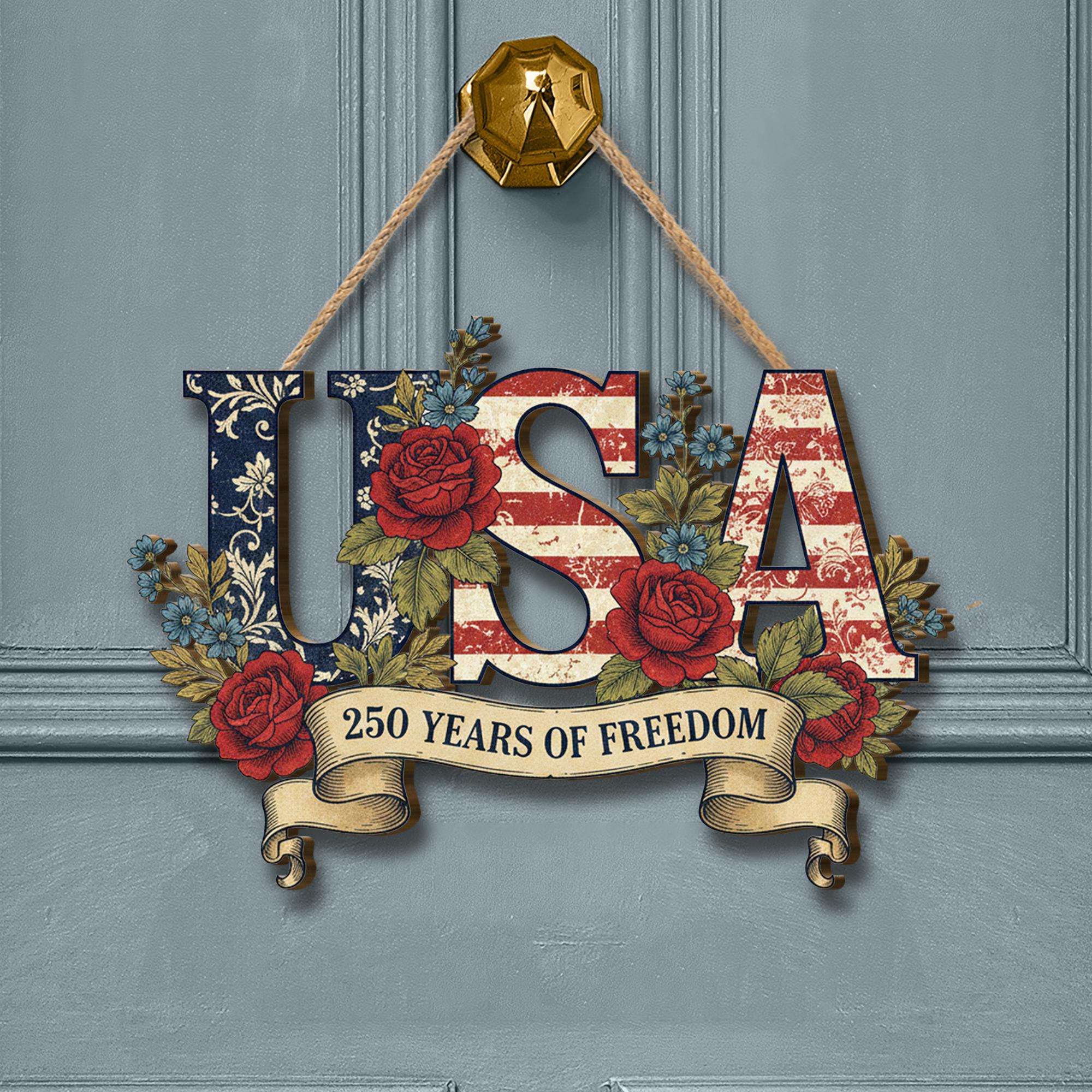 USA 250th Anniversary Wooden Sign, Patriotic Door Hanging Decor, American Flag Floral Wall Sign