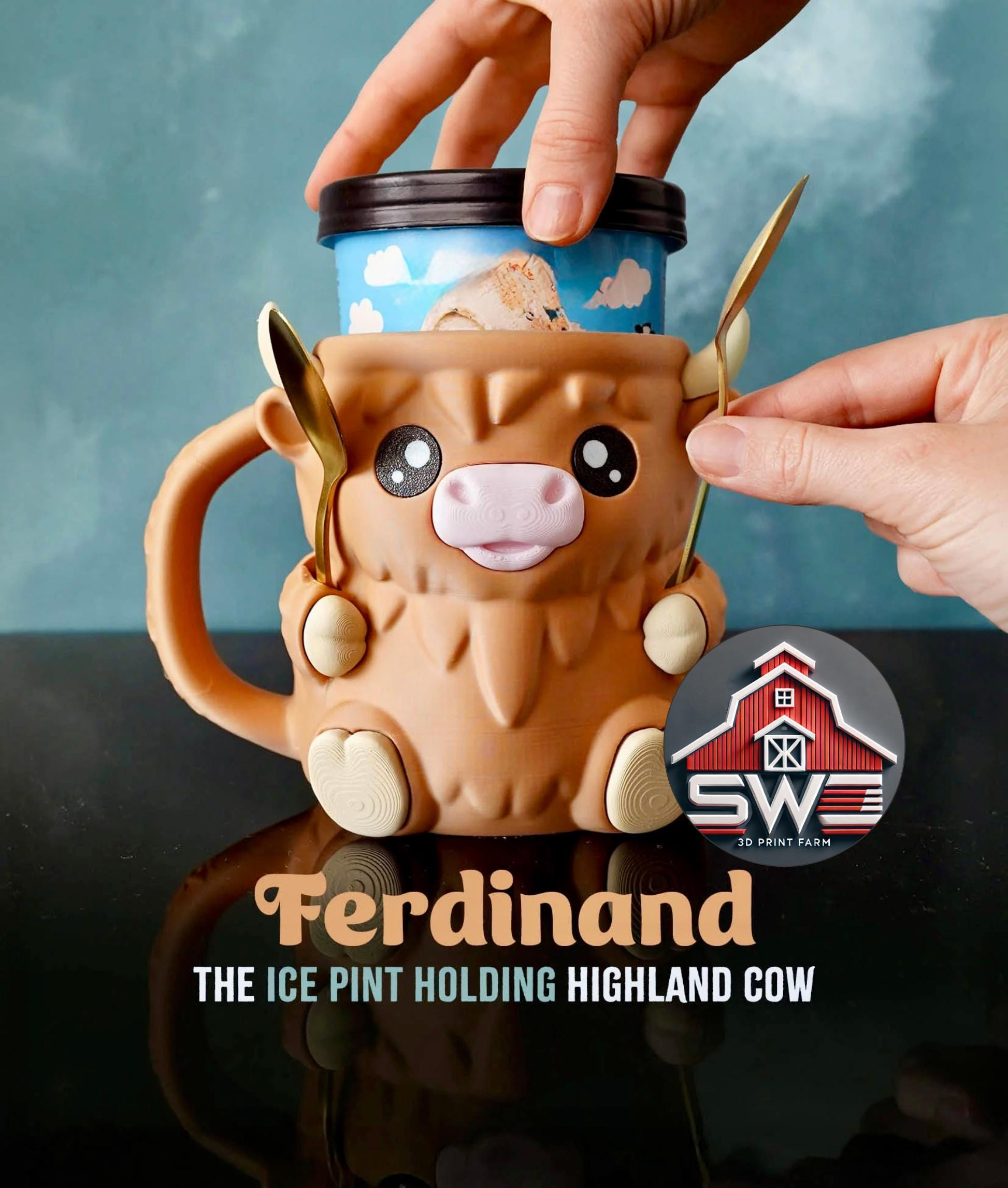 Highland Cow Ice Cream Pint Holder – 3D Printed with Spoon Slots & Snack Drawer