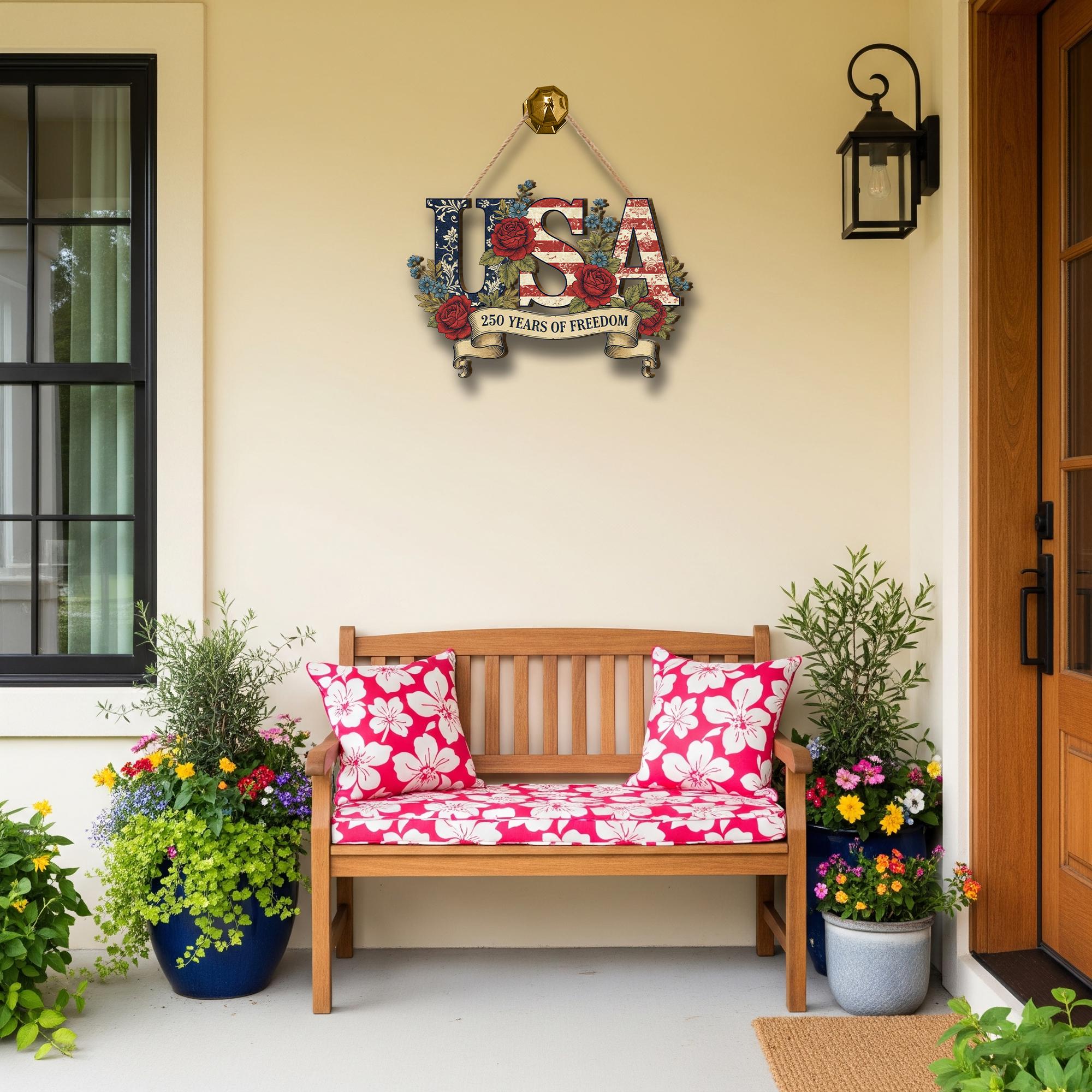 USA 250th Anniversary Wooden Sign, Patriotic Door Hanging Decor, American Flag Floral Wall Sign