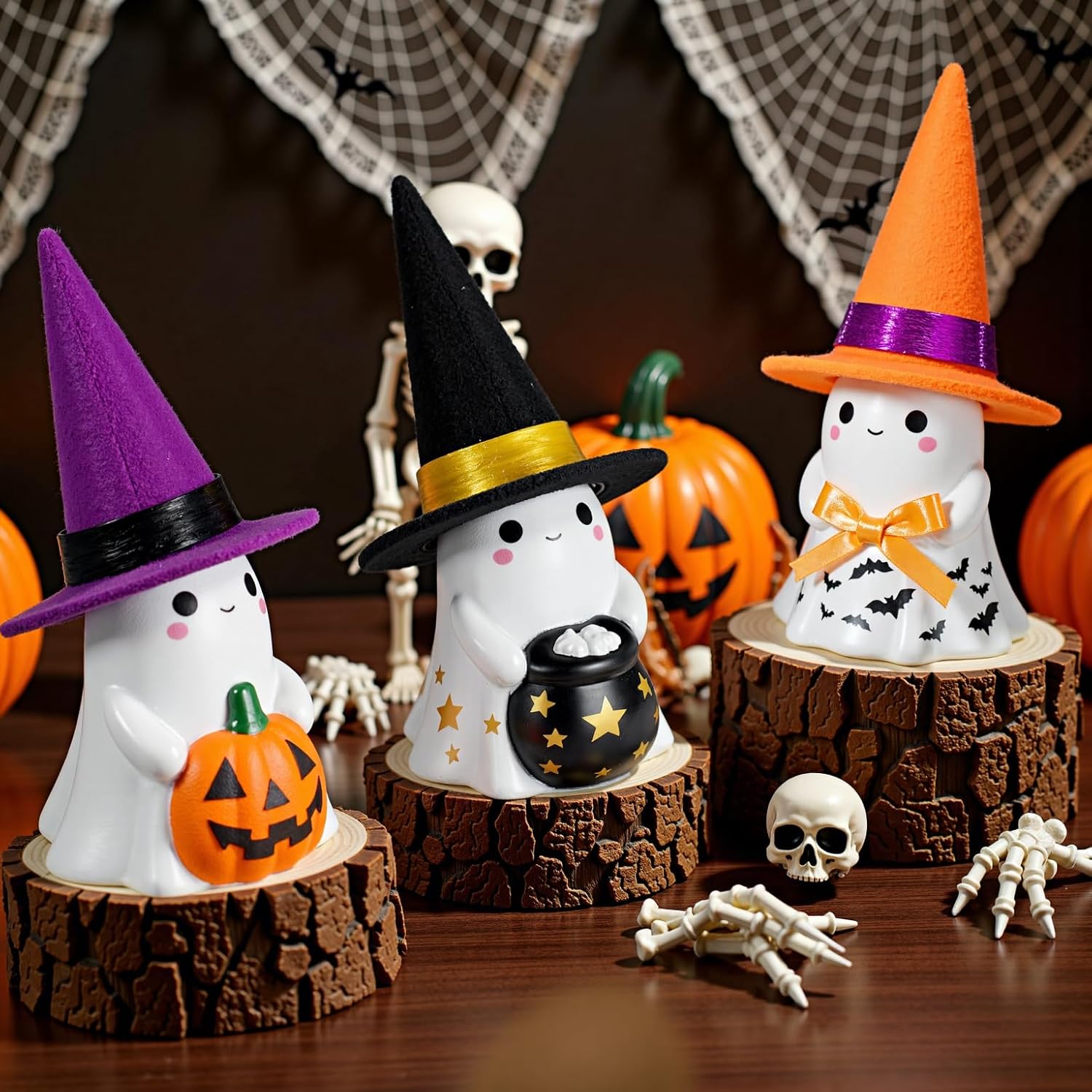 🎃 Cute Ceramic Ghost Figurines with Hats – Spooky & Sweet Decor Set 👻✨