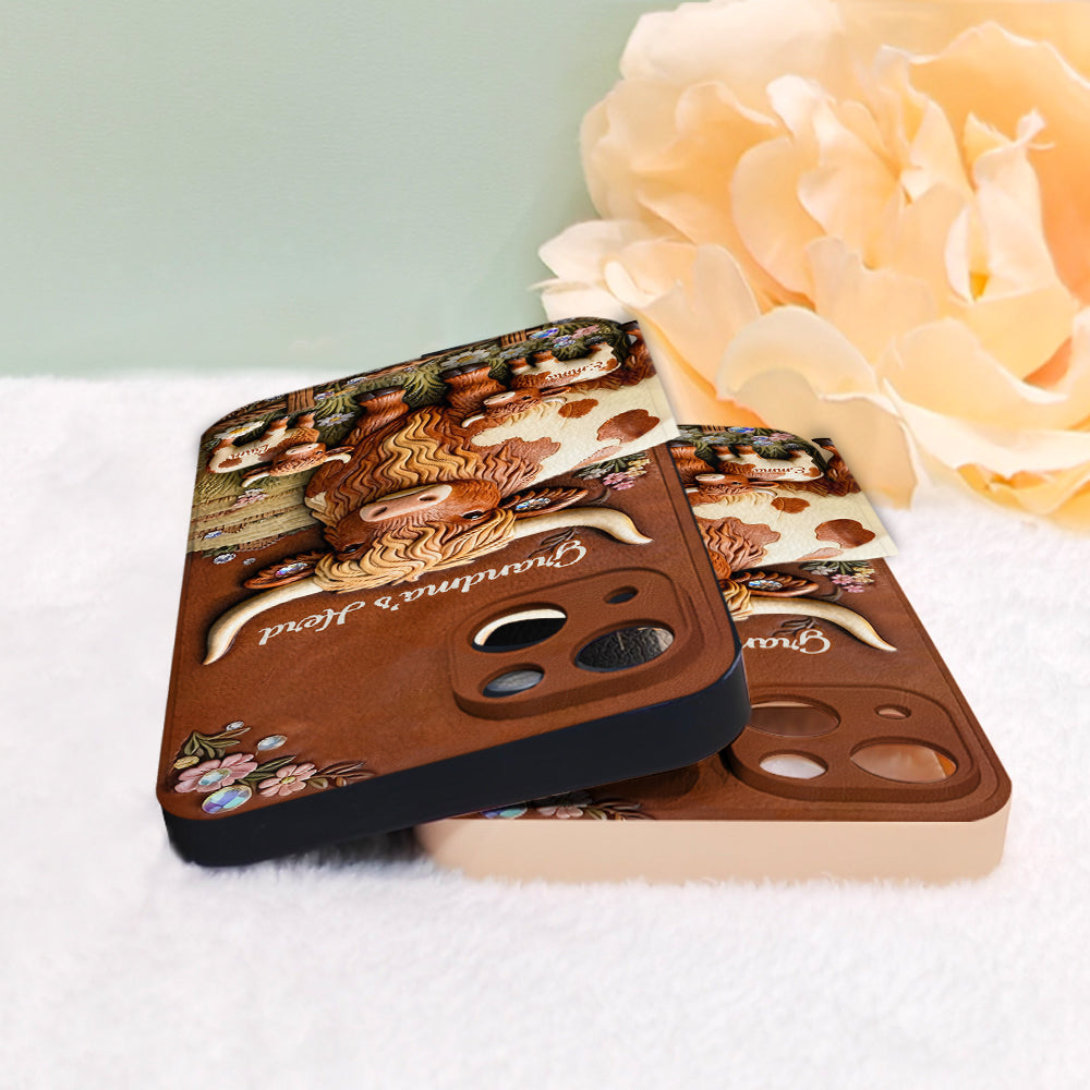 Grandma's Herd - Personalized Highland Cow 3D Embossed Leather Phone Case