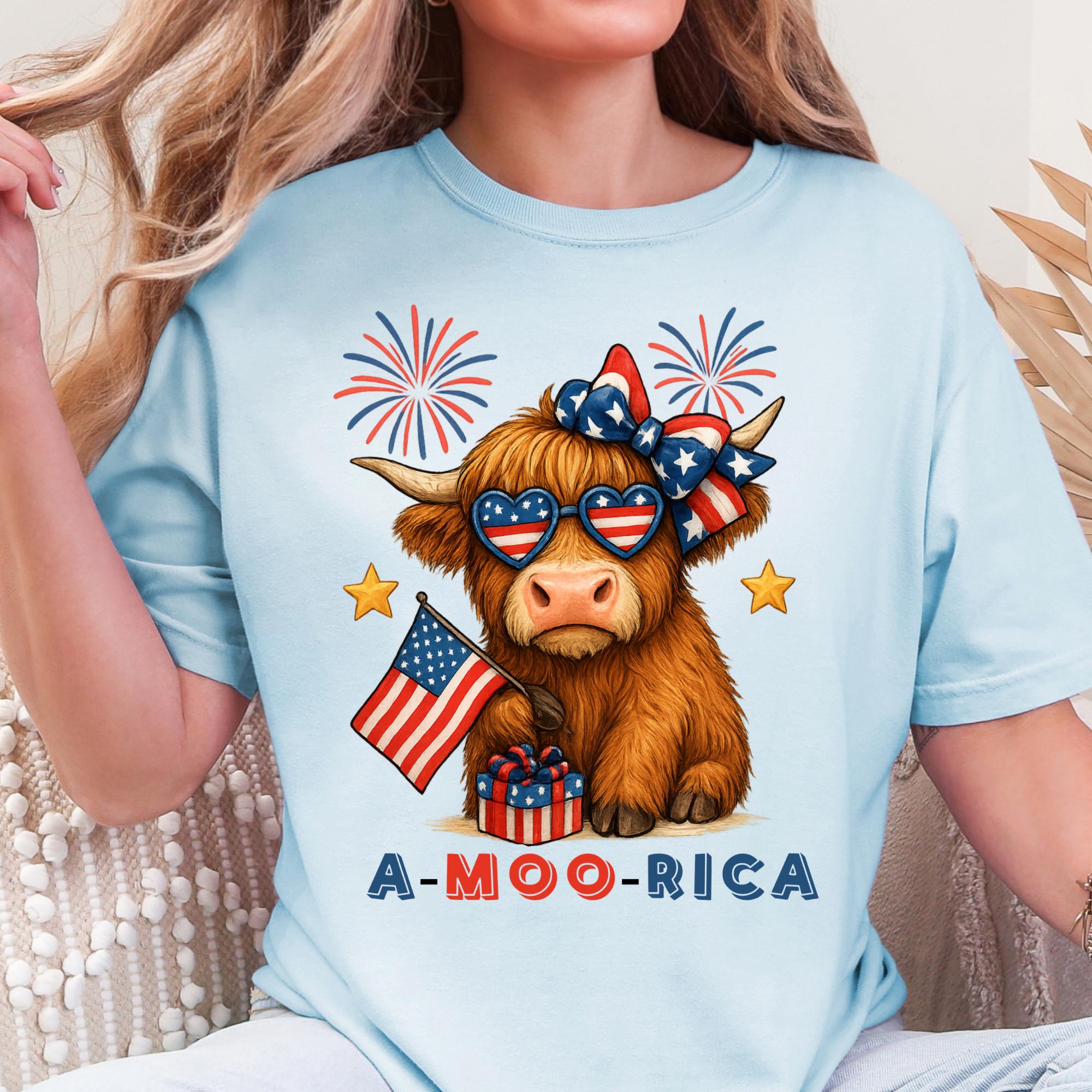 A-Moo-Rica Cow Patriotic T-Shirt | 4th of July Flag Fireworks