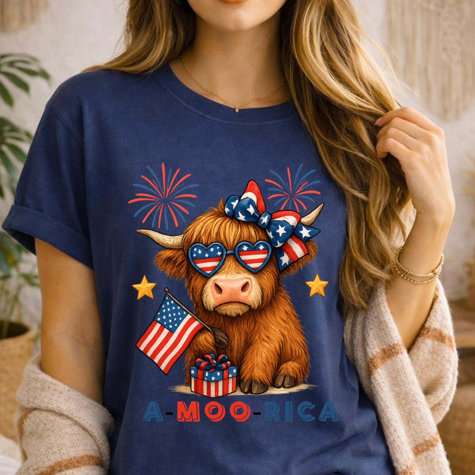 A-Moo-Rica Cow Patriotic T-Shirt | 4th of July Flag Fireworks