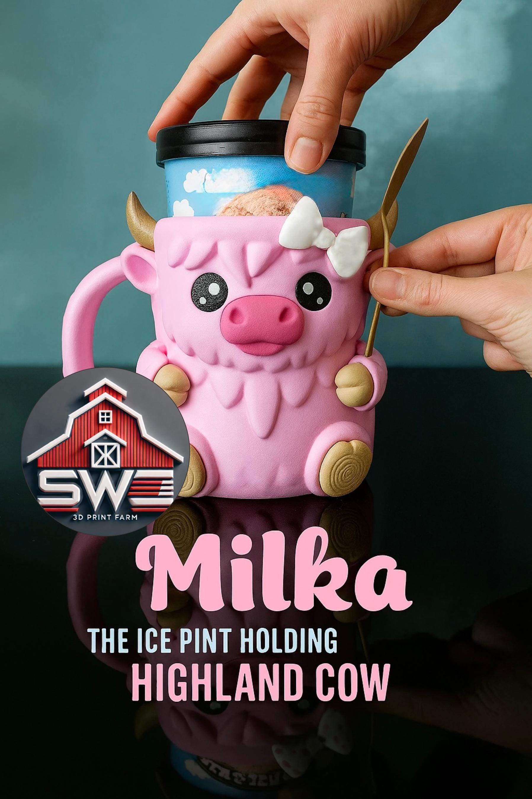 Highland Cow Ice Cream Pint Holder – 3D Printed with Spoon Slots & Snack Drawer