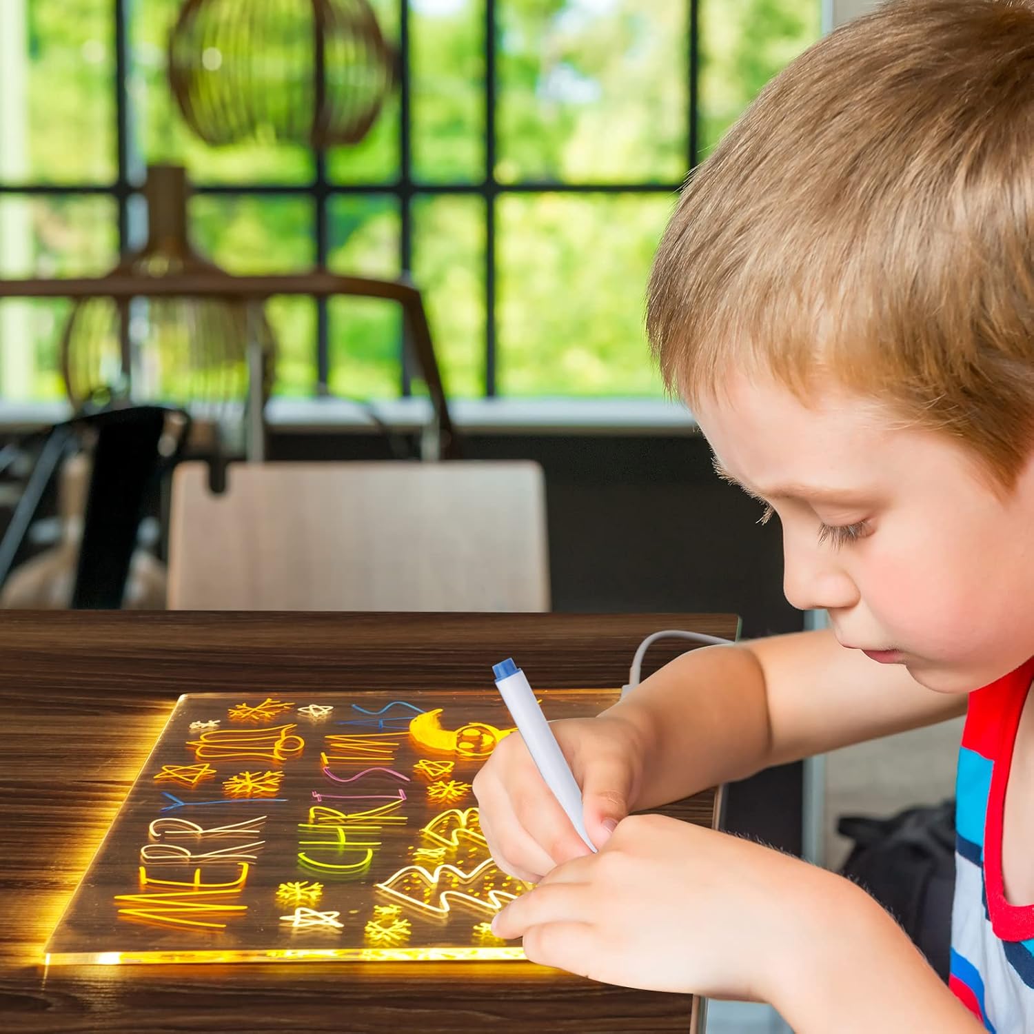 Acrylic clear light-up LED rewritable message board notepad with 7 color markers.
