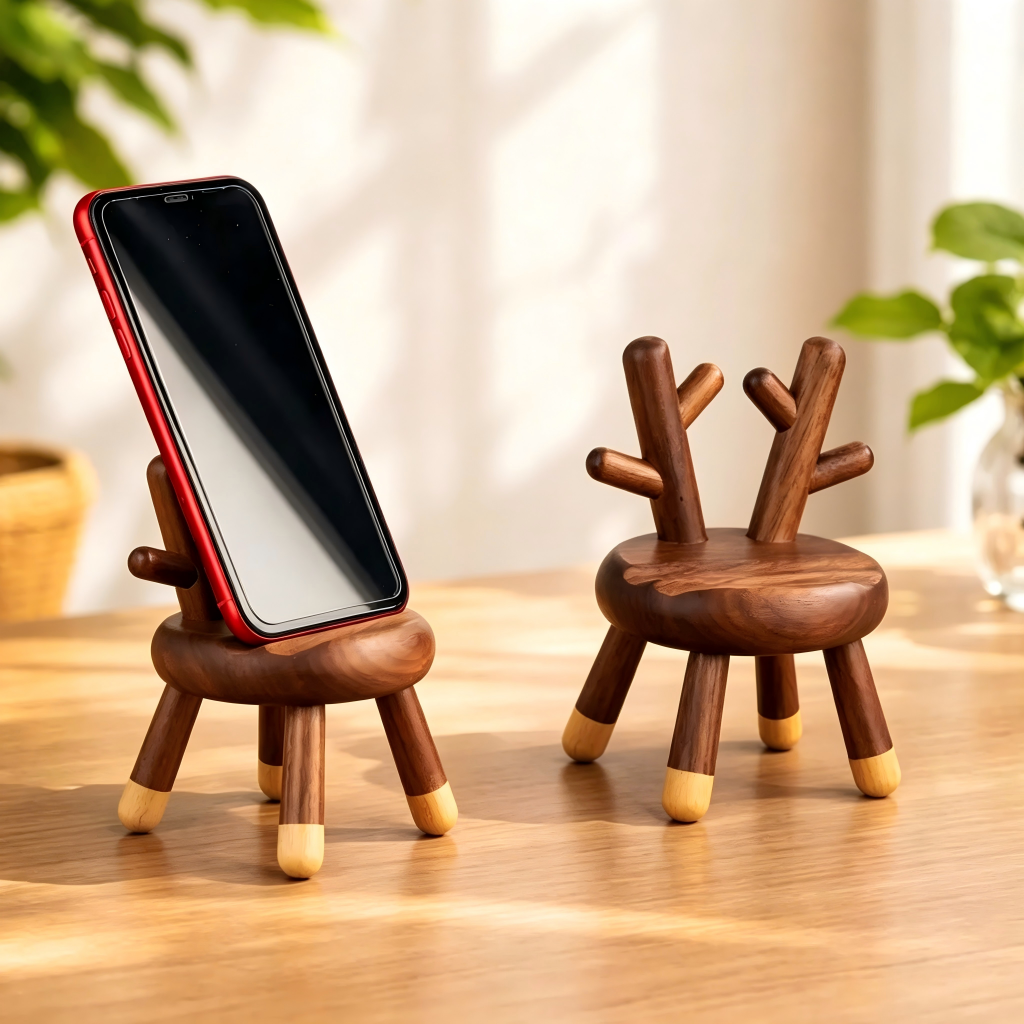 Walnut Wood Deer Phone Stand, Handcrafted Office Decor, Unique Tech Gift