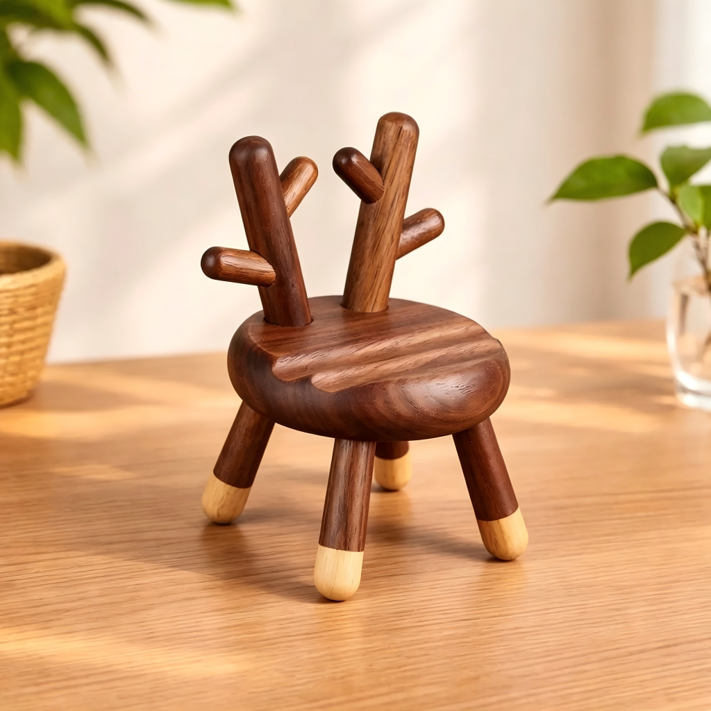 Walnut Wood Deer Phone Stand, Handcrafted Office Decor, Unique Tech Gift