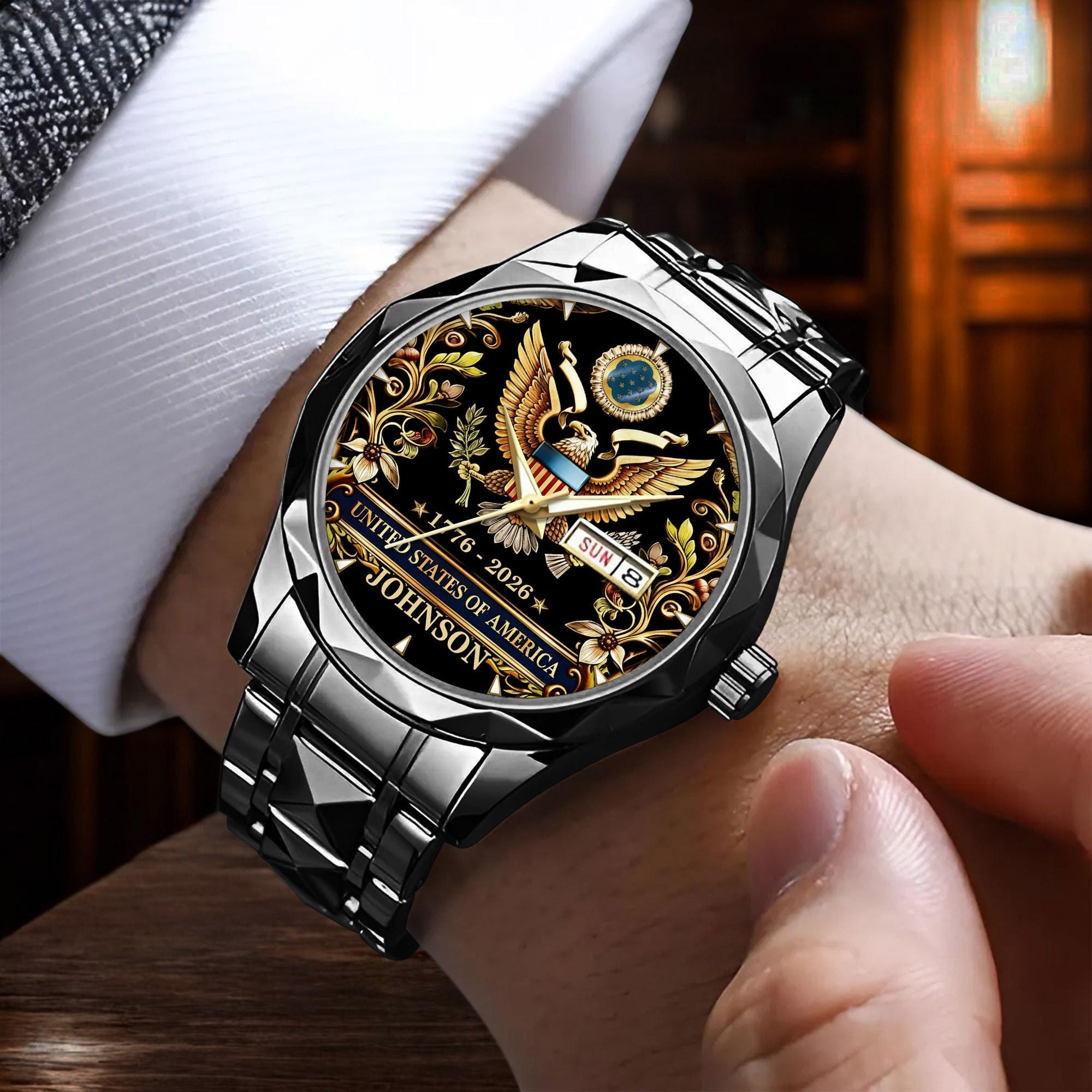 Custom Floral American Eagle Watch, USA 250th Anniversary 1776–2026 Wrist Watch