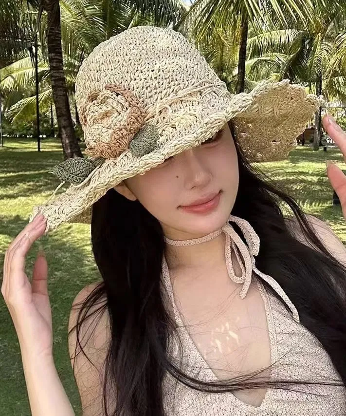 💖Elegant Crochet Straw Hat with Ruffle Detail