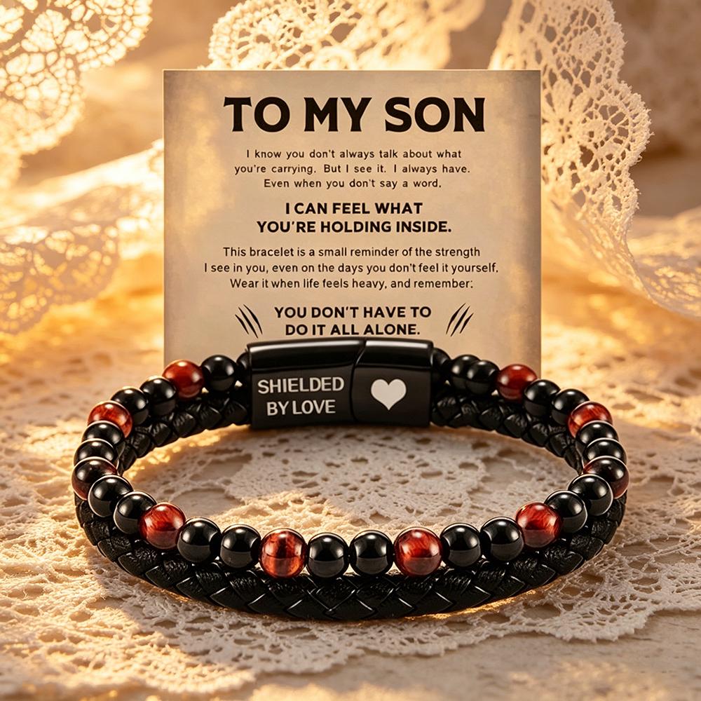 To My Son Tiger Eye Leather Bracelet, Custom Engraved Magnetic Clasp Men's Gift