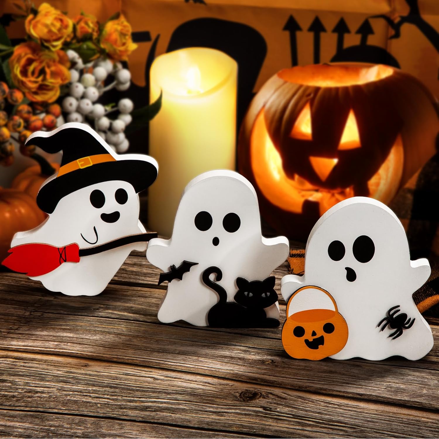 🎃 Spooky Cute Wooden Halloween Sign Set – 3-Piece Tiered Tray Decor 🦇🐱