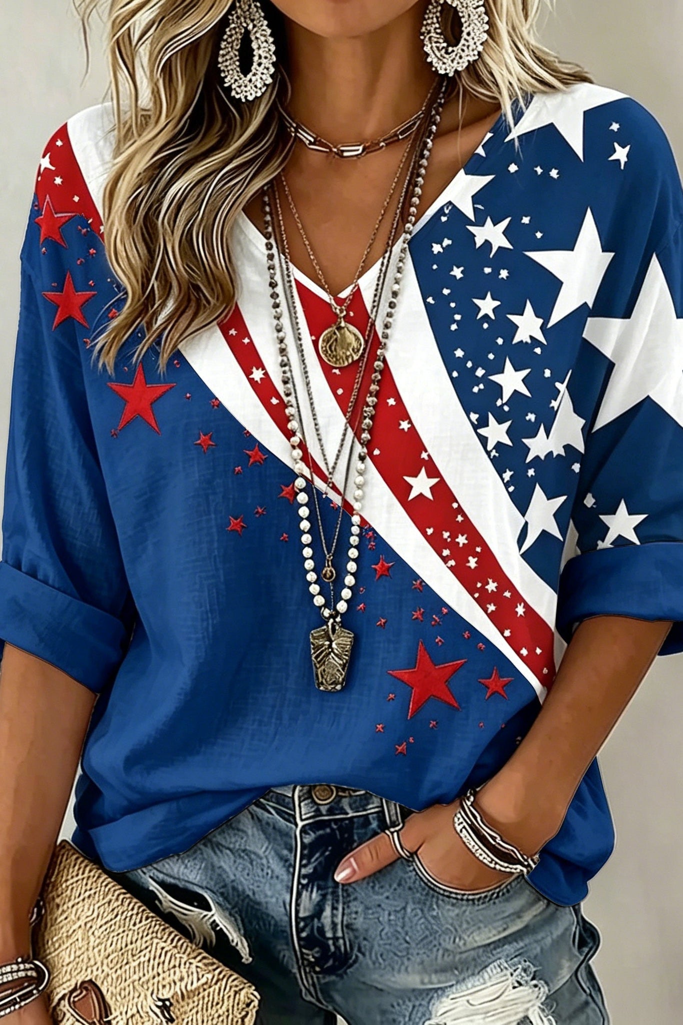 Women's  Flag Art Three-quarter Sleeve V Neck Linen Tops
