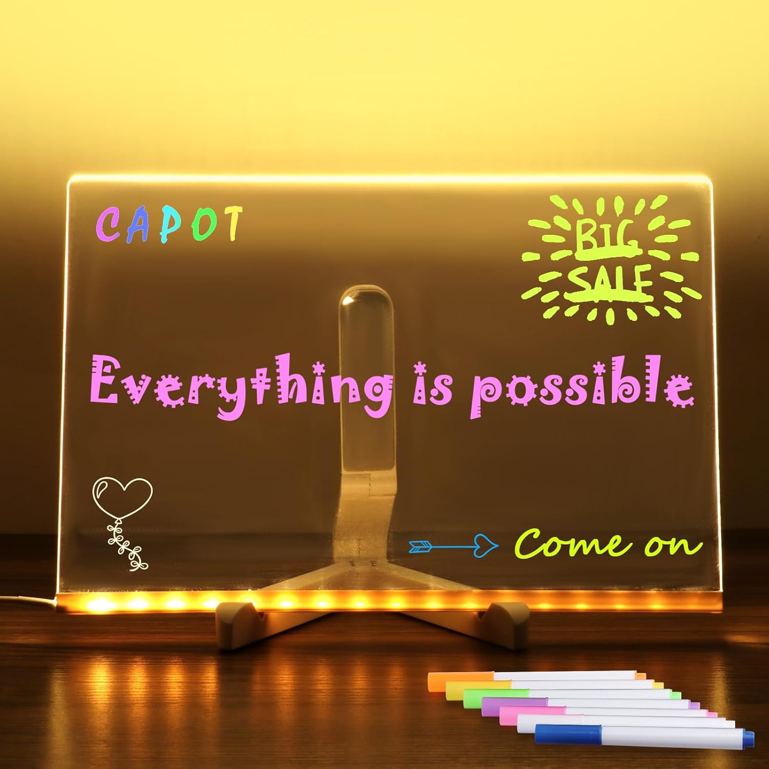 Acrylic clear light-up LED rewritable message board notepad with 7 color markers.